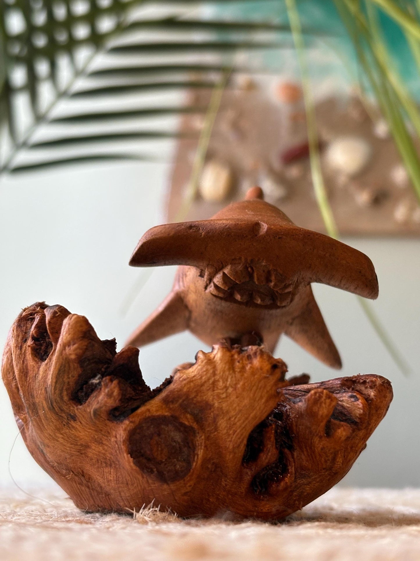 Hand Carved Hammerhead Shark Sculpture on Leech Wood Base