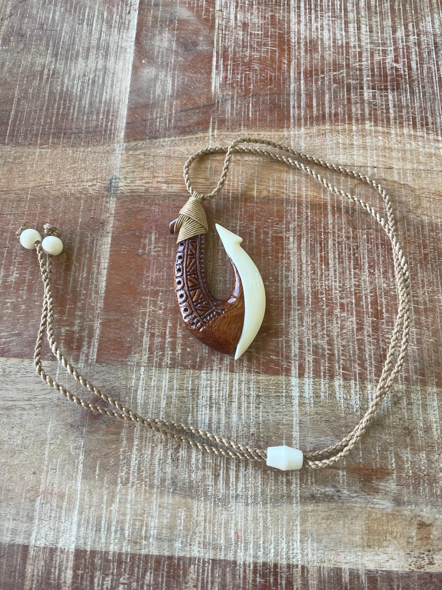 Handcarved Bone & Koa Wood Makau Necklace – Adjustable Cord
