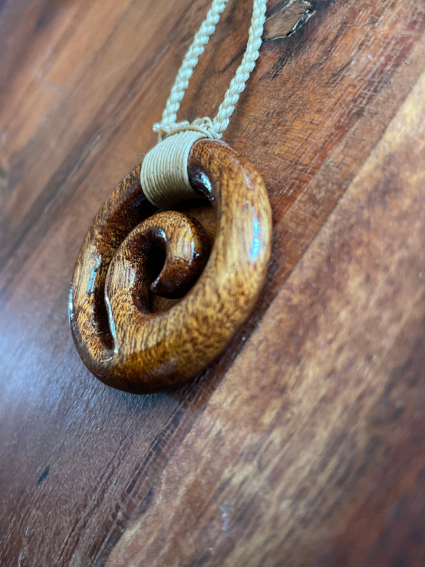 Never Give Up- Polynesian Koru- Solid Koa Wood Hand Carved Adjustable Necklace