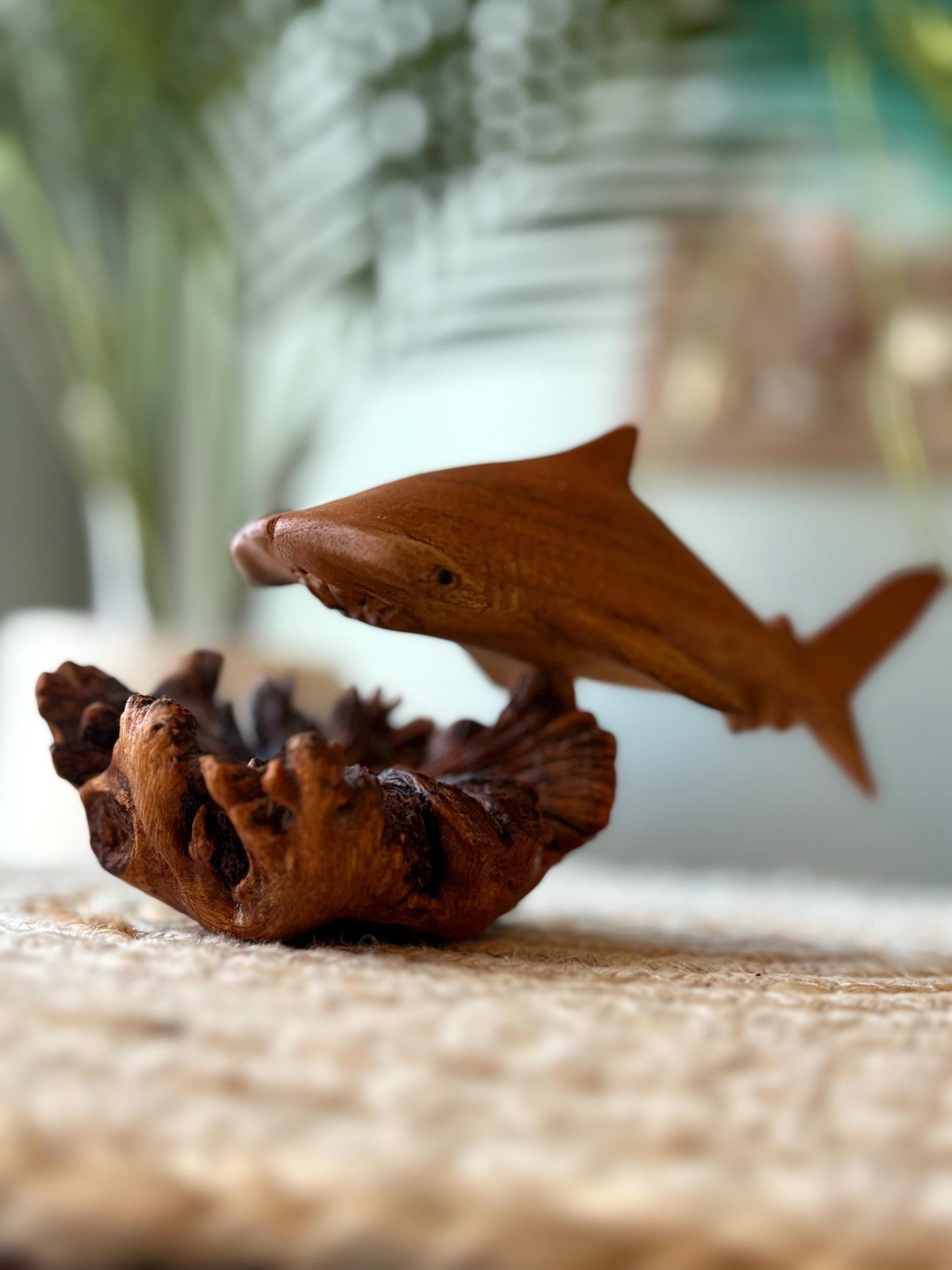 Hand Carved Hammerhead Shark Sculpture on Leech Wood Base