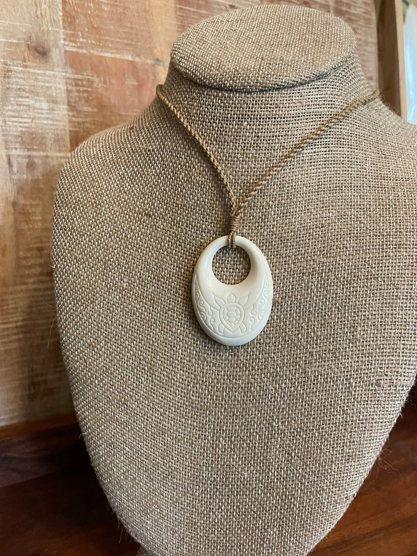 Solid Bone Handcarved Pendant with Sea Turtle, Honu, Engraved - Polynesian Beachy Boho Adjustable Necklace