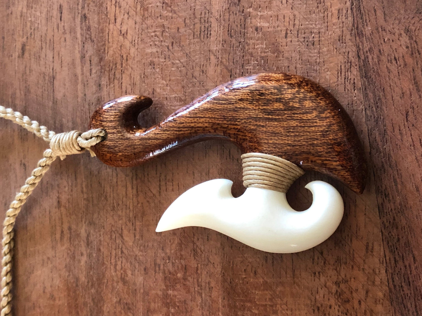 Authentically Hand Carved Buffalo Bone and Koa Wood Makau or Fish Hook Adjustable Necklace