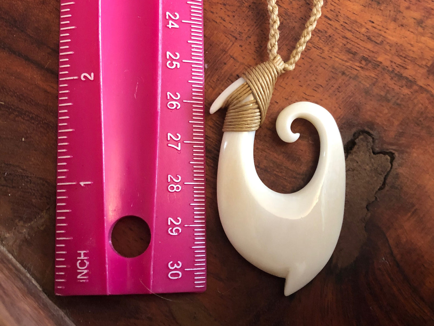 Unique Handsomely Polished Hand-Carved Buffalo Bone Hei Makau (Fish Hook) with Koru Tip