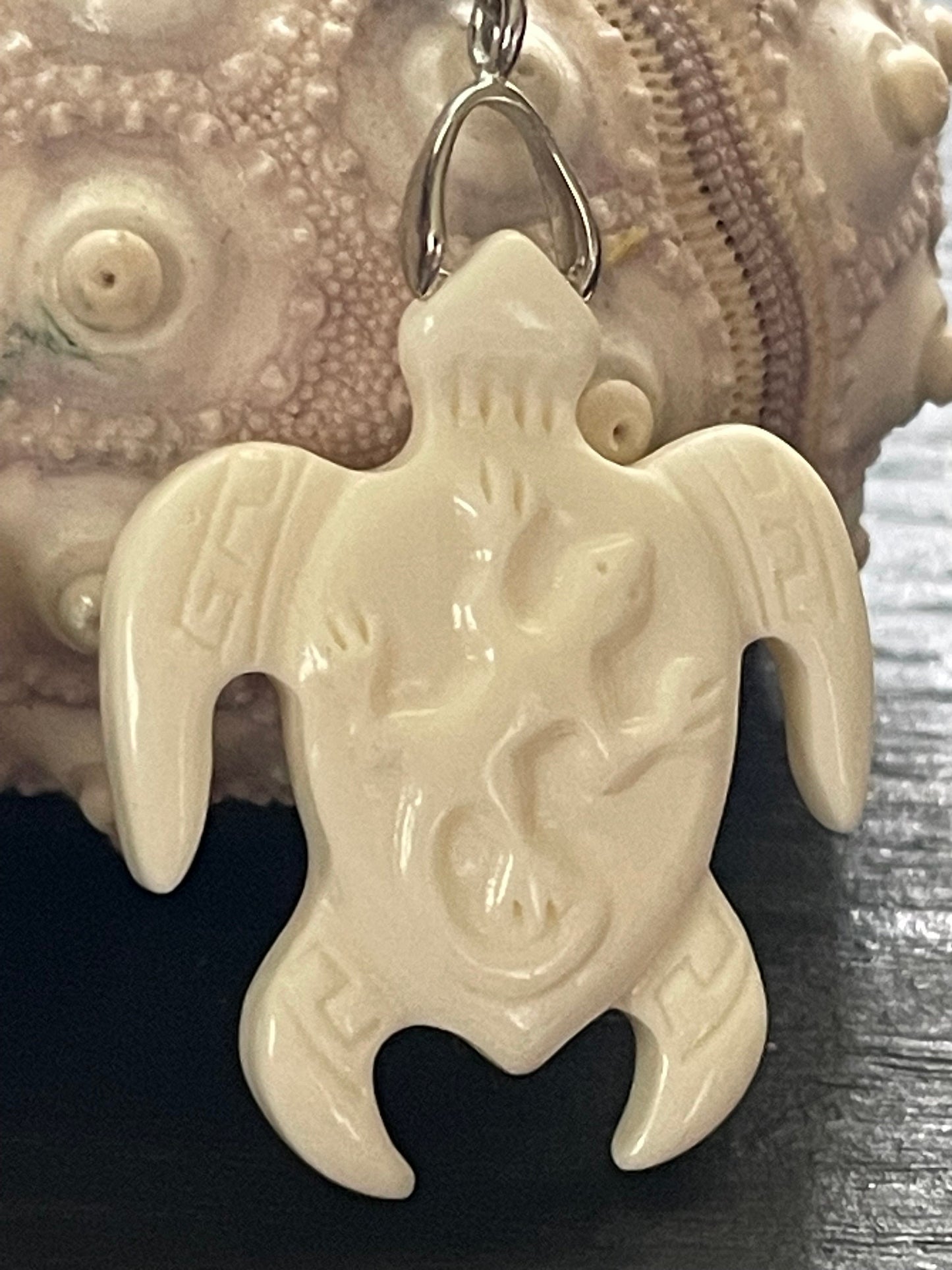 Bone Sea Turtle Dangle Earrings - Polynesian Pili Engraved Honu