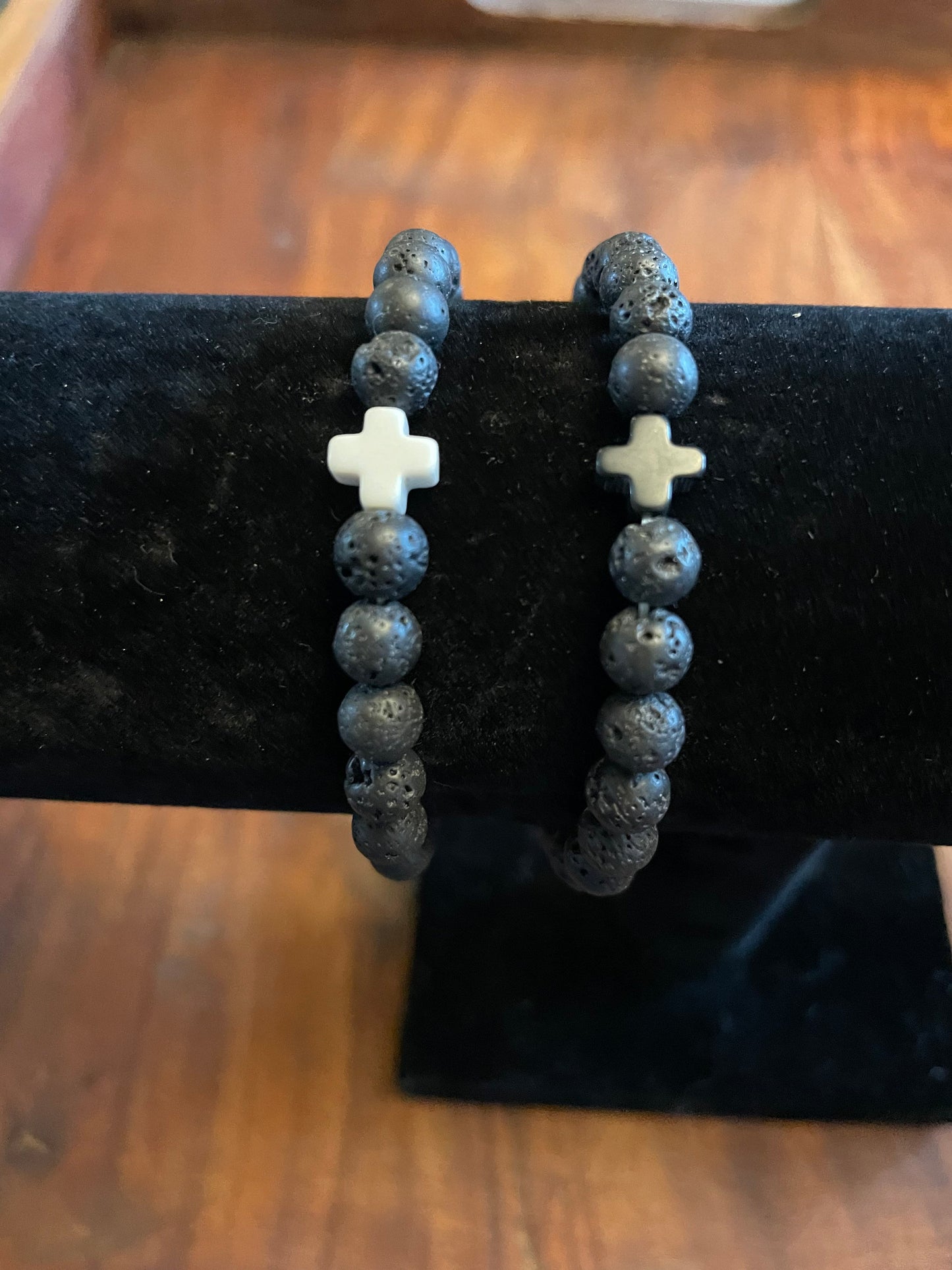 Petite 6mm Lava Bead Elastic Bracelet with Clay Cross Accent Bead