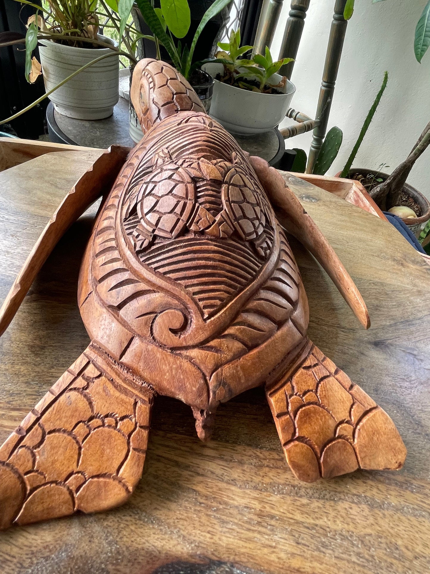 Hand Carved Wood Sea Turtle Decor, Dual Turtle Design, 12 inch