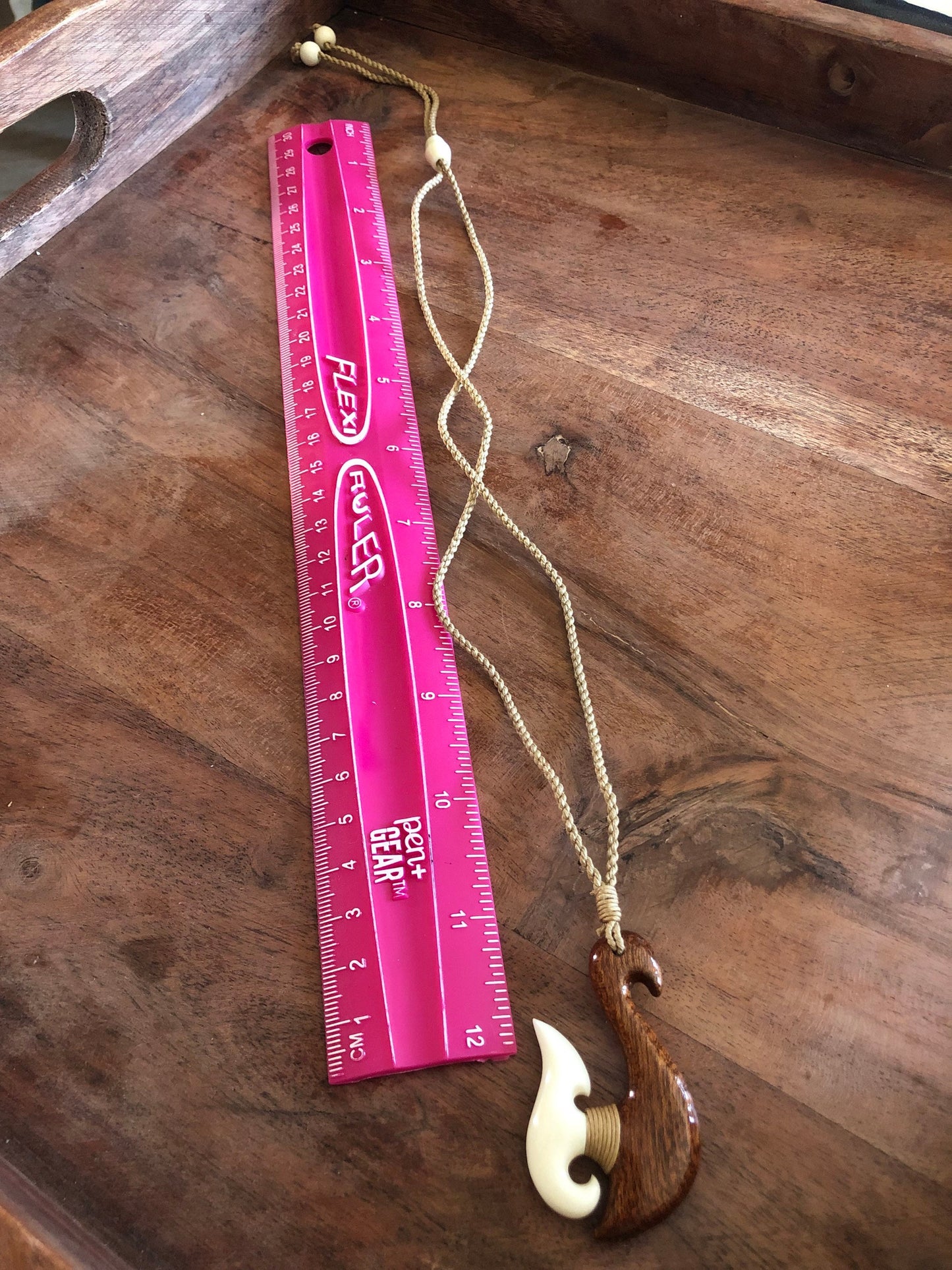 Authentically Hand Carved Buffalo Bone and Koa Wood Makau or Fish Hook Adjustable Necklace