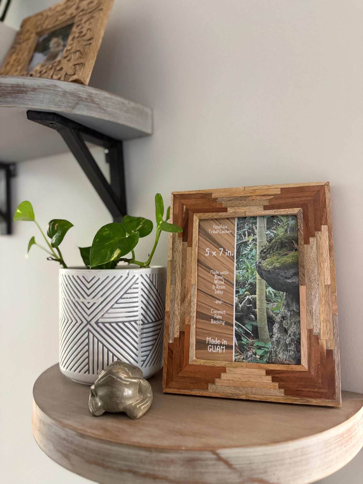 Polynesian Wood Inlay Picture Frame, Teak and Hibiscus, 5x7