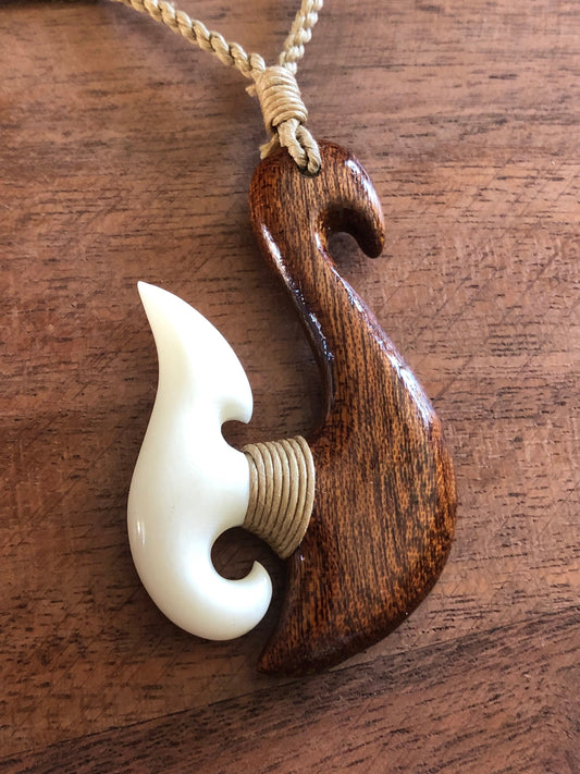 Hand Carved Bone & Koa Wood Fish Hook Necklace - Adjustable Hei Makau