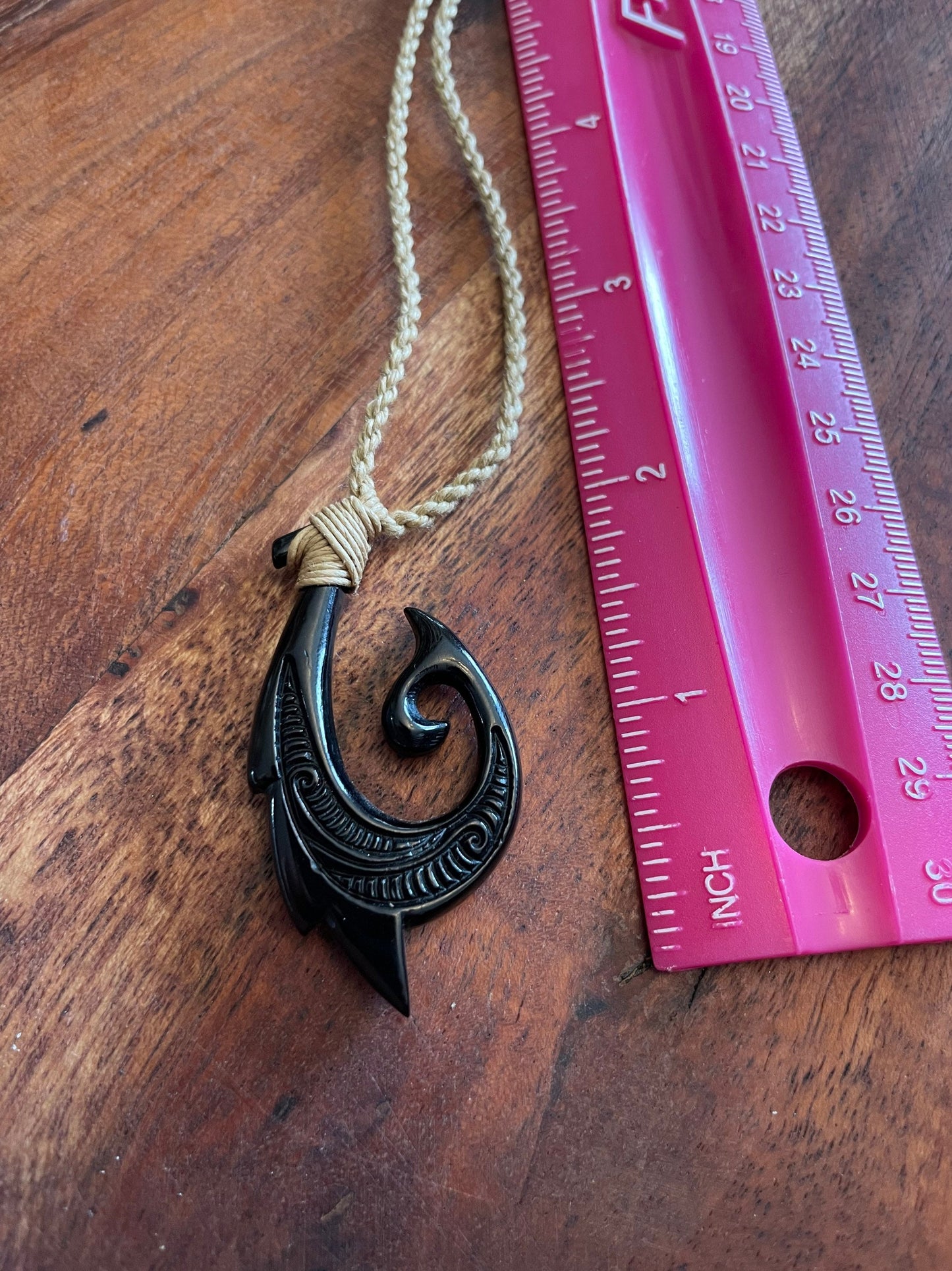 Handsome Onyx Dyed Solid Real Buffalo Bone Makau or Fish Hook Adjustable Necklace