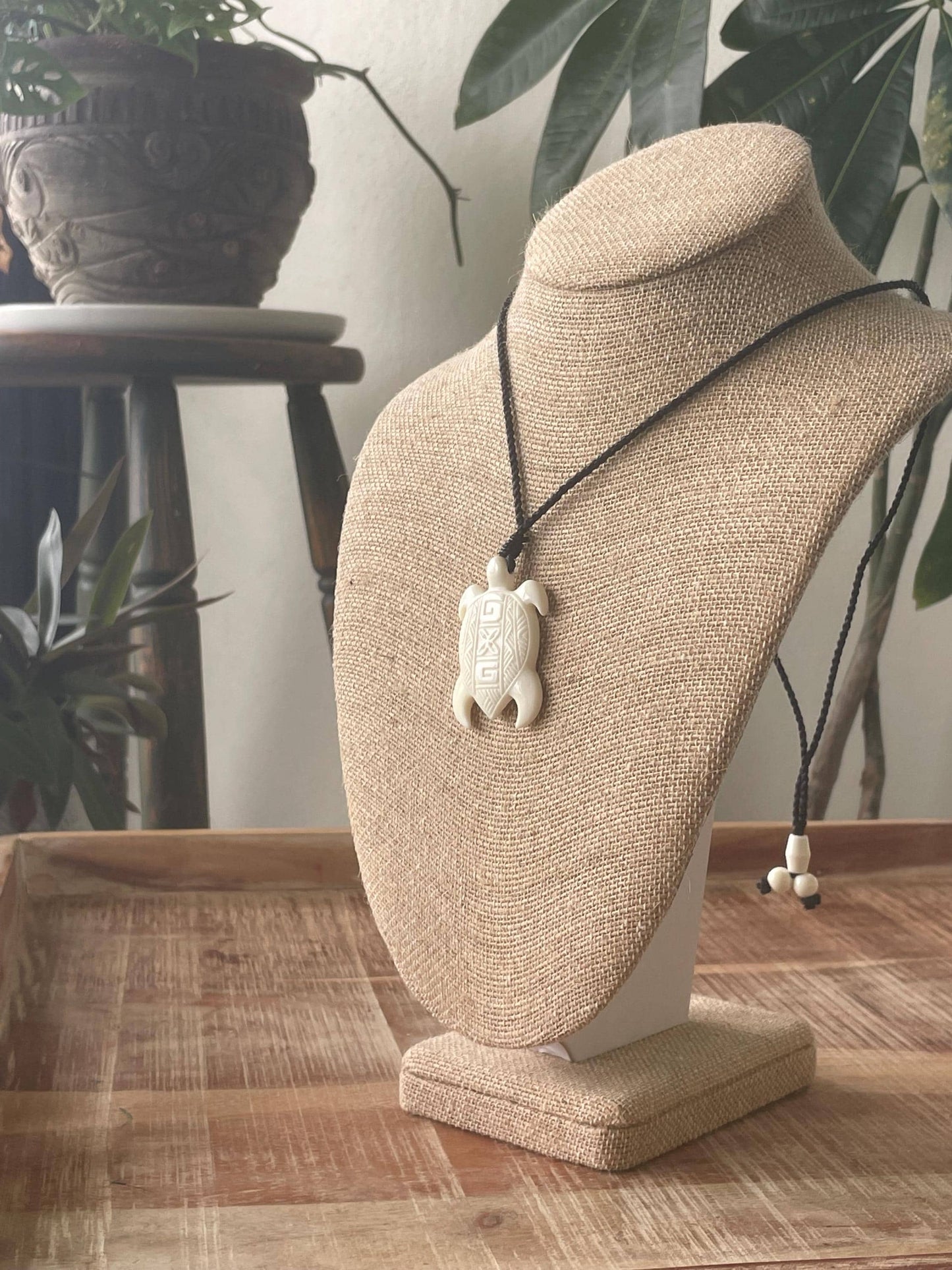 Hand Carved Buffalo Bone Sea Turtle Pendant - Adjustable Boho Necklace