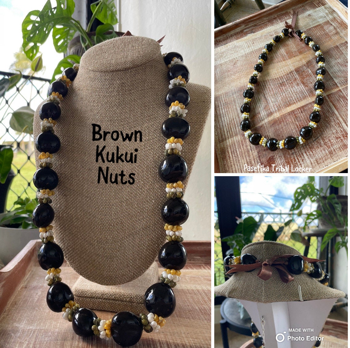 Authentic Kukui Nut Lei – Mongo Shell Necklace, Adjustable Ribbon