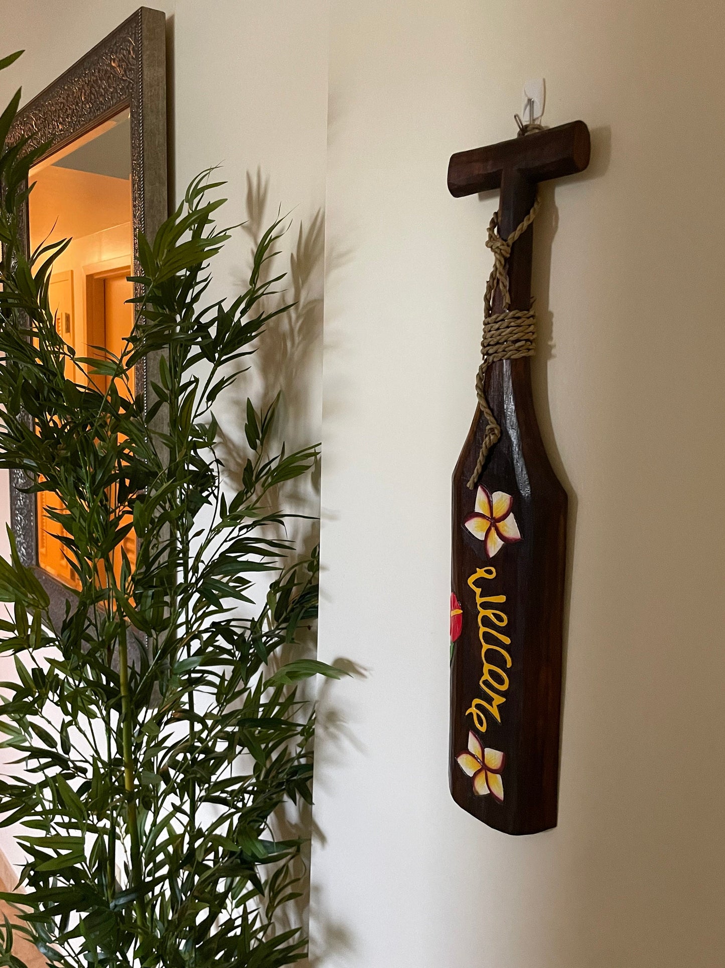 Hand Carved and Brightly Hand Painted Solid Wood Welcome Hawaiian Paddle Adorned with Flowers