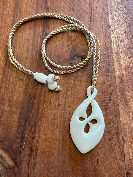 Unique Traditional Polynesian Hand Carved Solid Bone Pikura (Infinity Friends) Adjustable Necklace