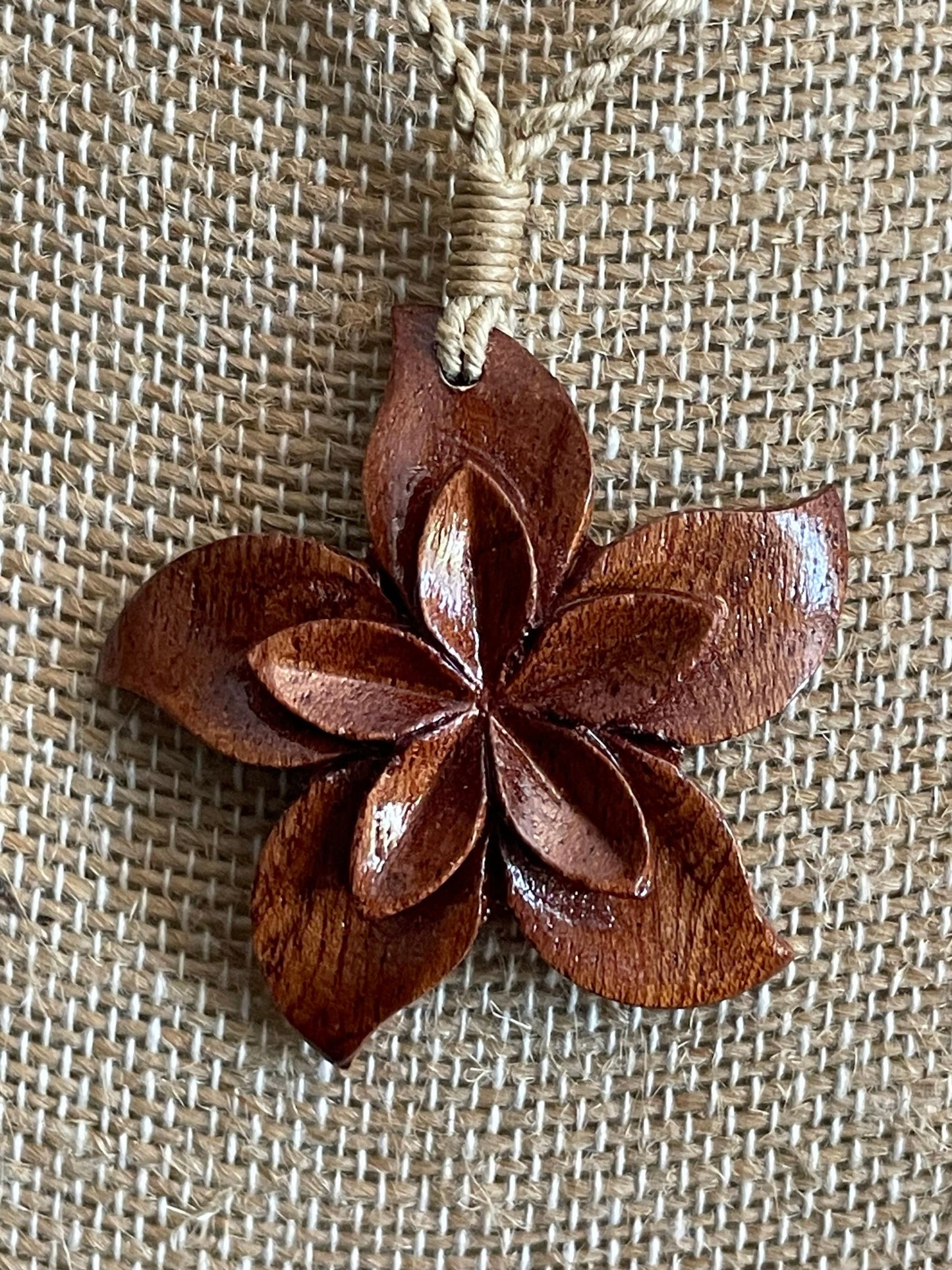 Hand Carved Koa Wood Plumeria Necklace - Adjustable Hemp Cord