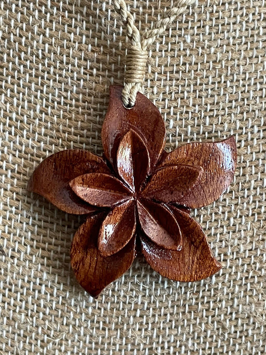 Hand Carved Koa Wood Plumeria Necklace - Adjustable Hemp Cord