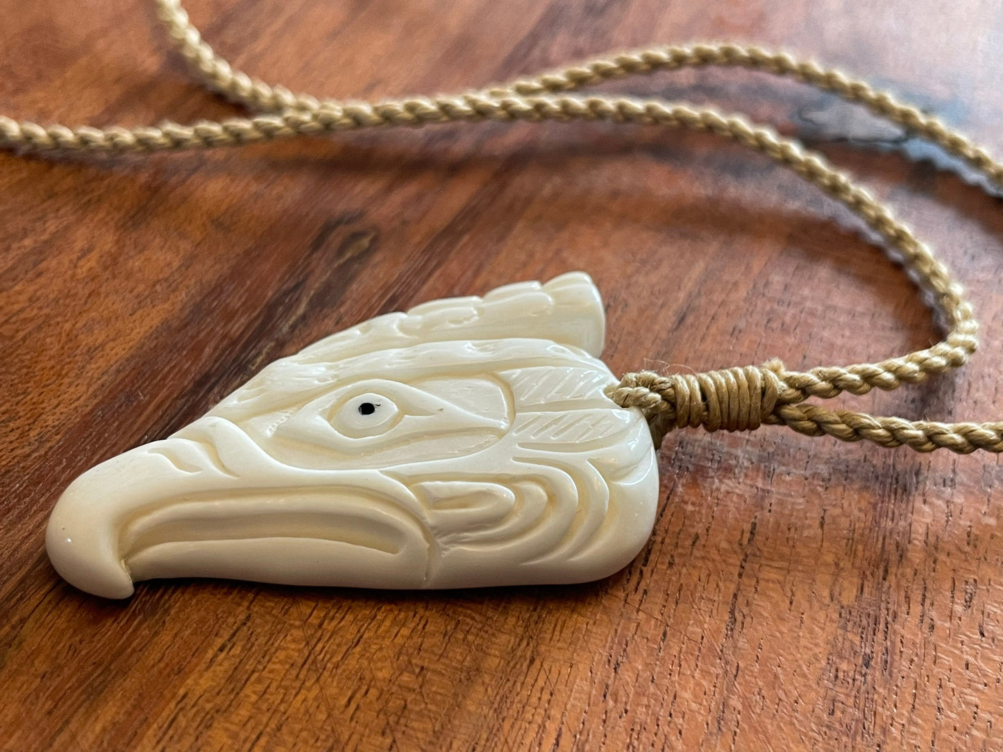 Native American Inspired Hawk or Eagle Head Hand Carved from Solid Bone - Adjustable Necklace