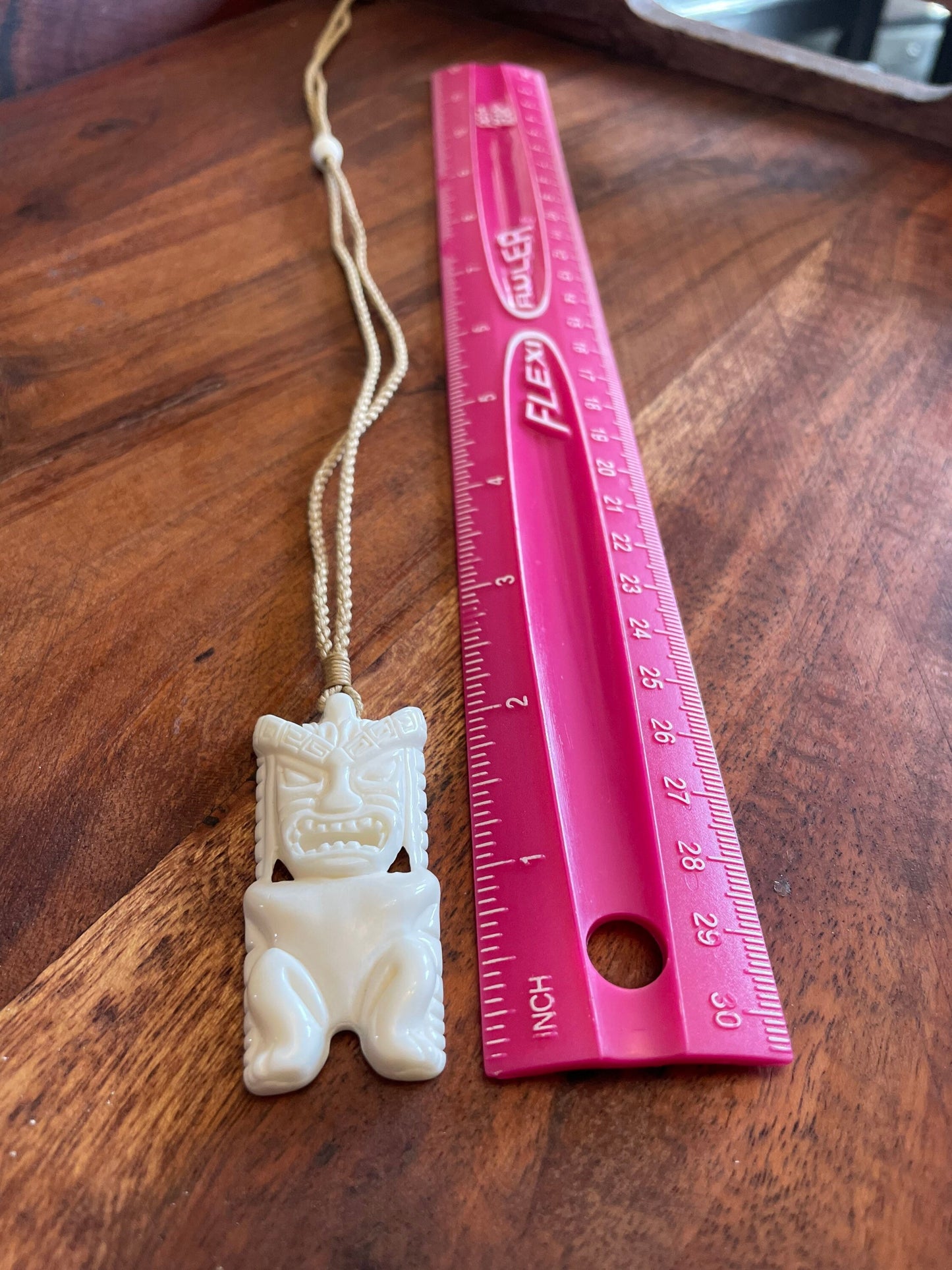 Finely Detailed Polynesian Hand Carved Solid Bone Tiki Adjustable Necklace