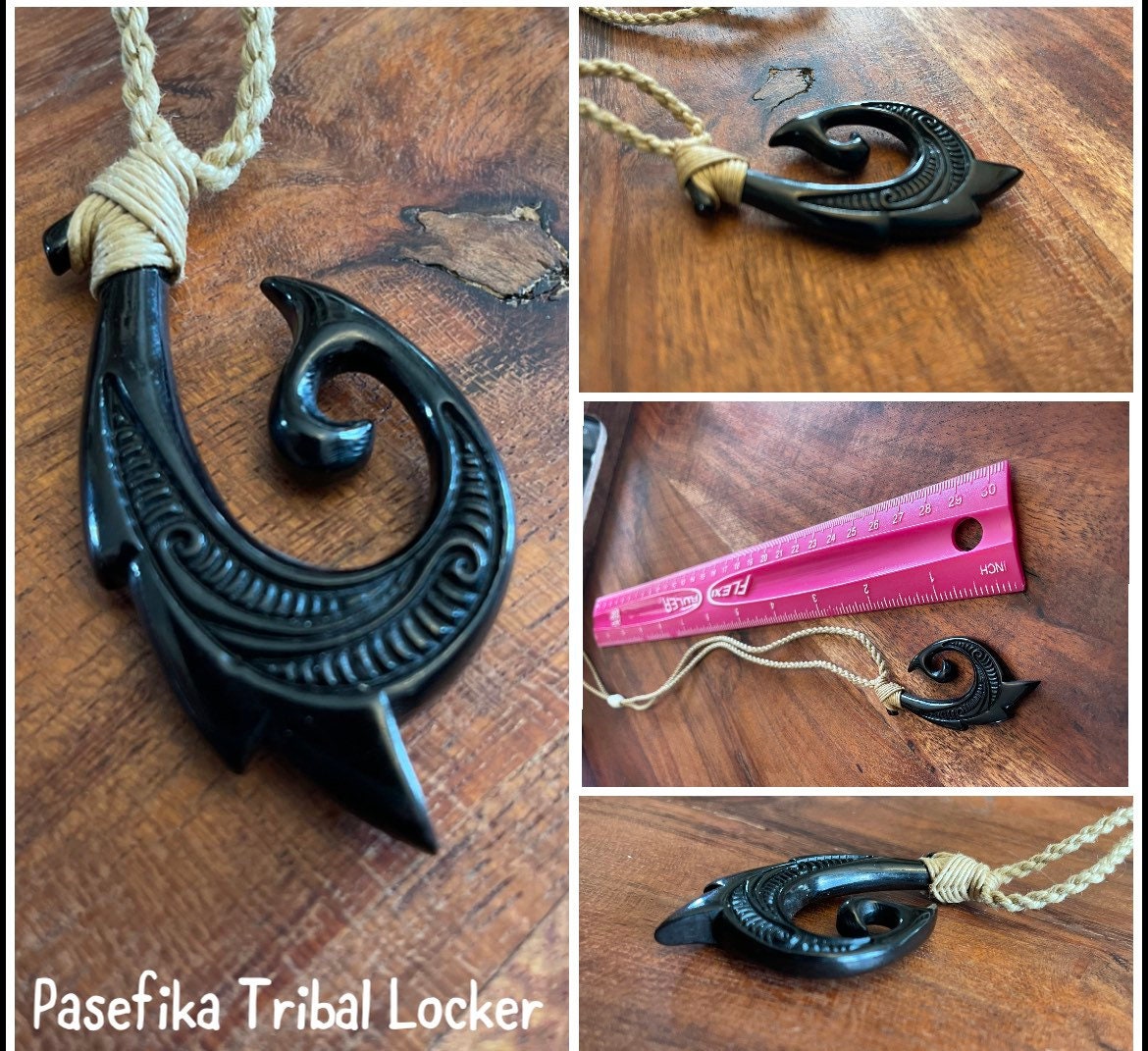 Handsome Onyx Dyed Solid Real Buffalo Bone Makau or Fish Hook Adjustable Necklace