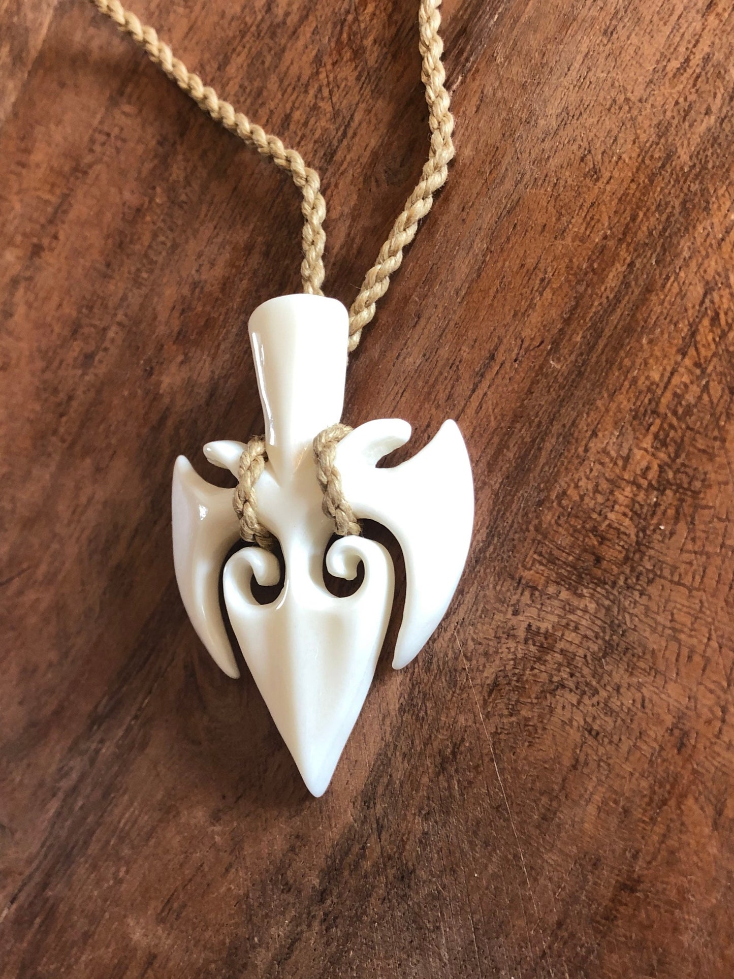 Hand Carved Buffalo Bone Trident Necklace, Adjustable Polynesian Jewelry