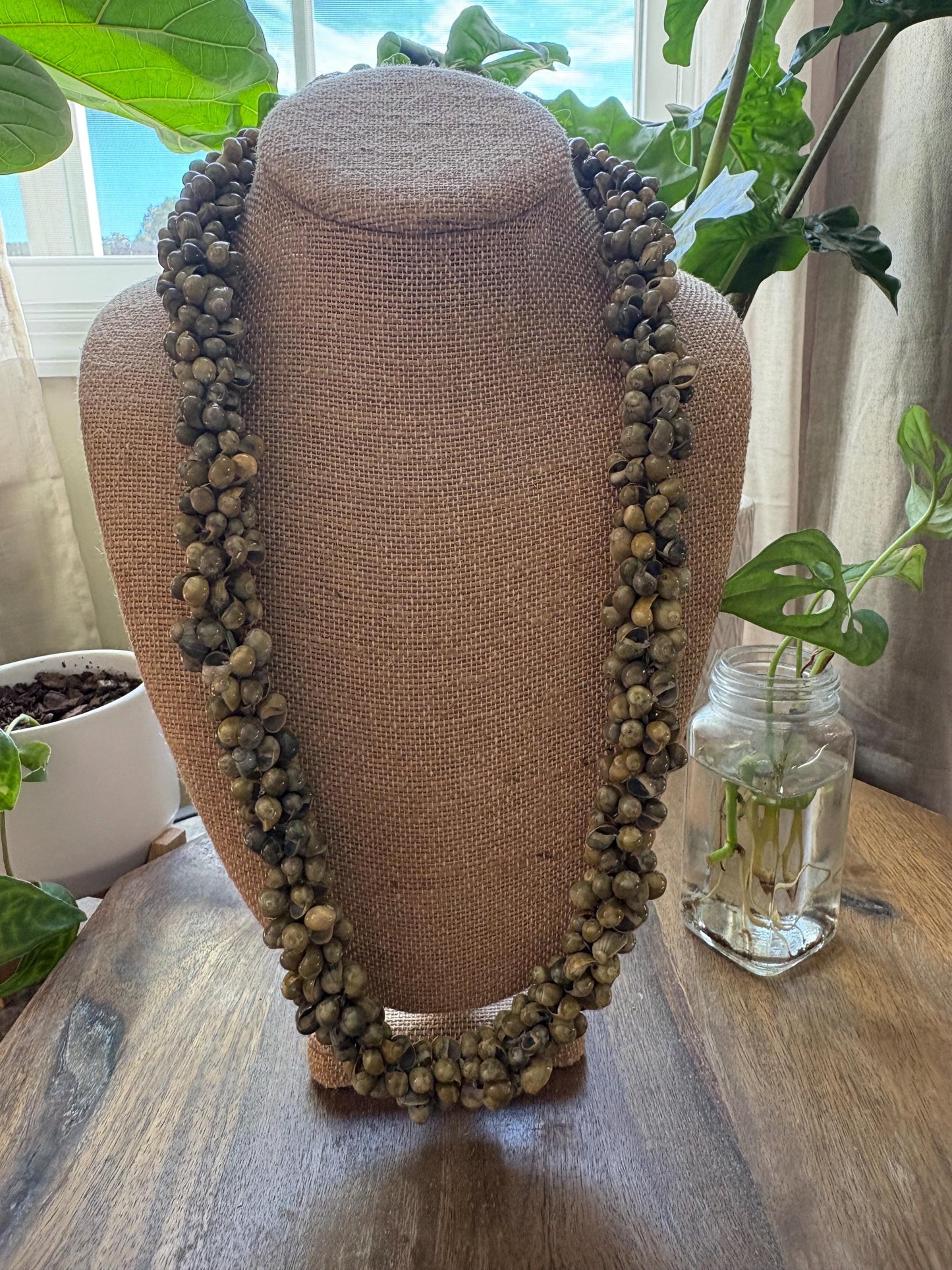 Sage Green Mongo Shell Lei Necklace – Adjustable Ribbon Tie
