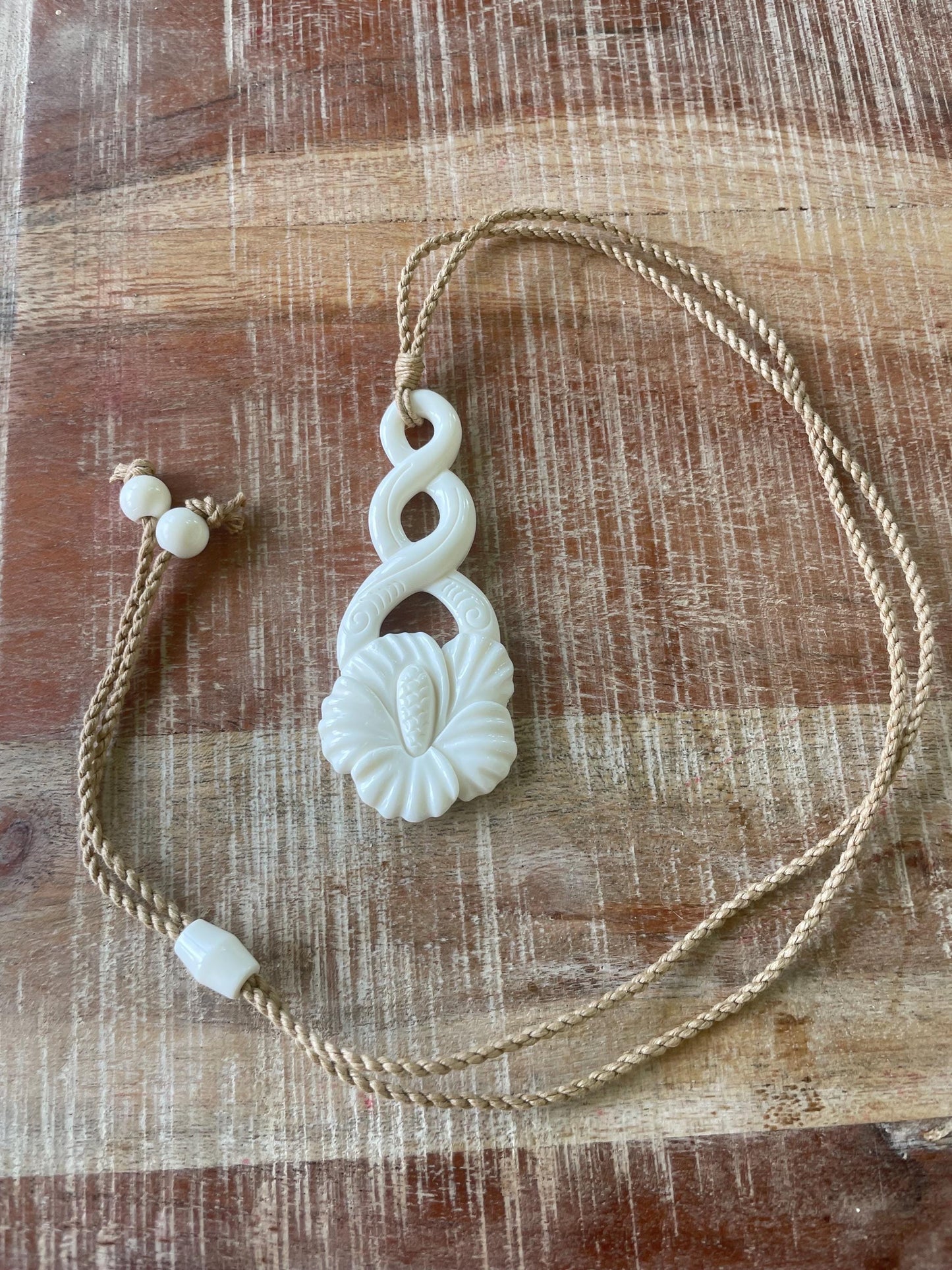 Hand Carved Bone Hibiscus Pendant Necklace - Adjustable Cord, Polynesian Jewelry