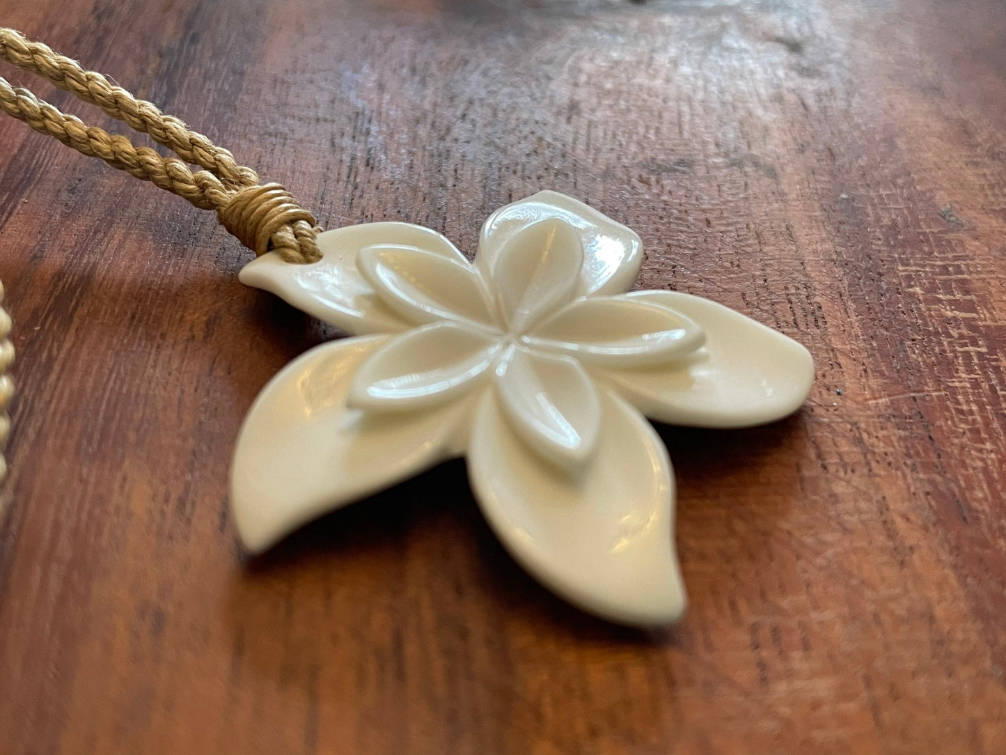 Hand Carved Bone Plumeria Necklace: Polynesian Boho Jewelry