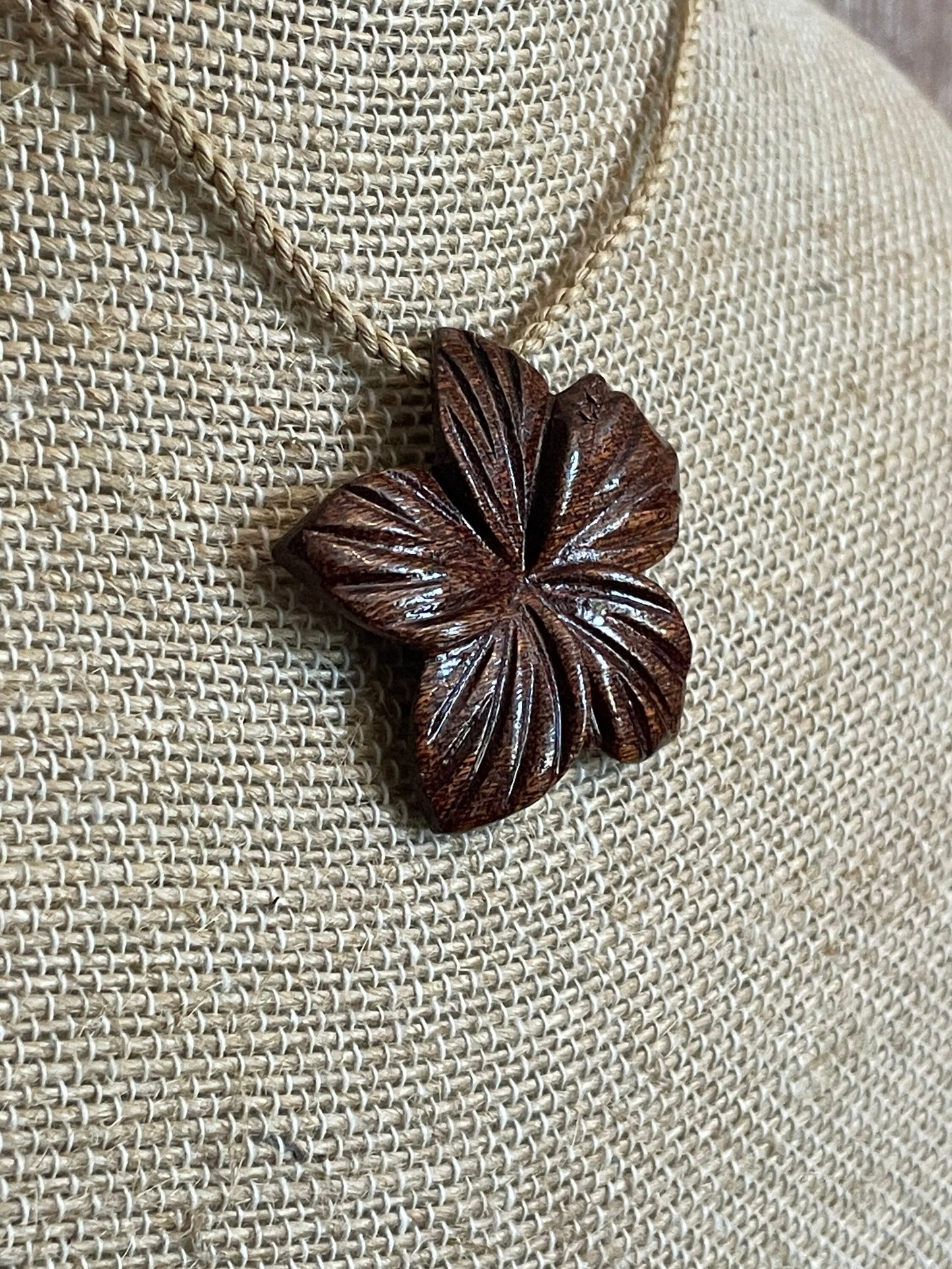 Hand Carved Koa Wood Plumeria Necklace - Adjustable Hemp Boho Jewelry