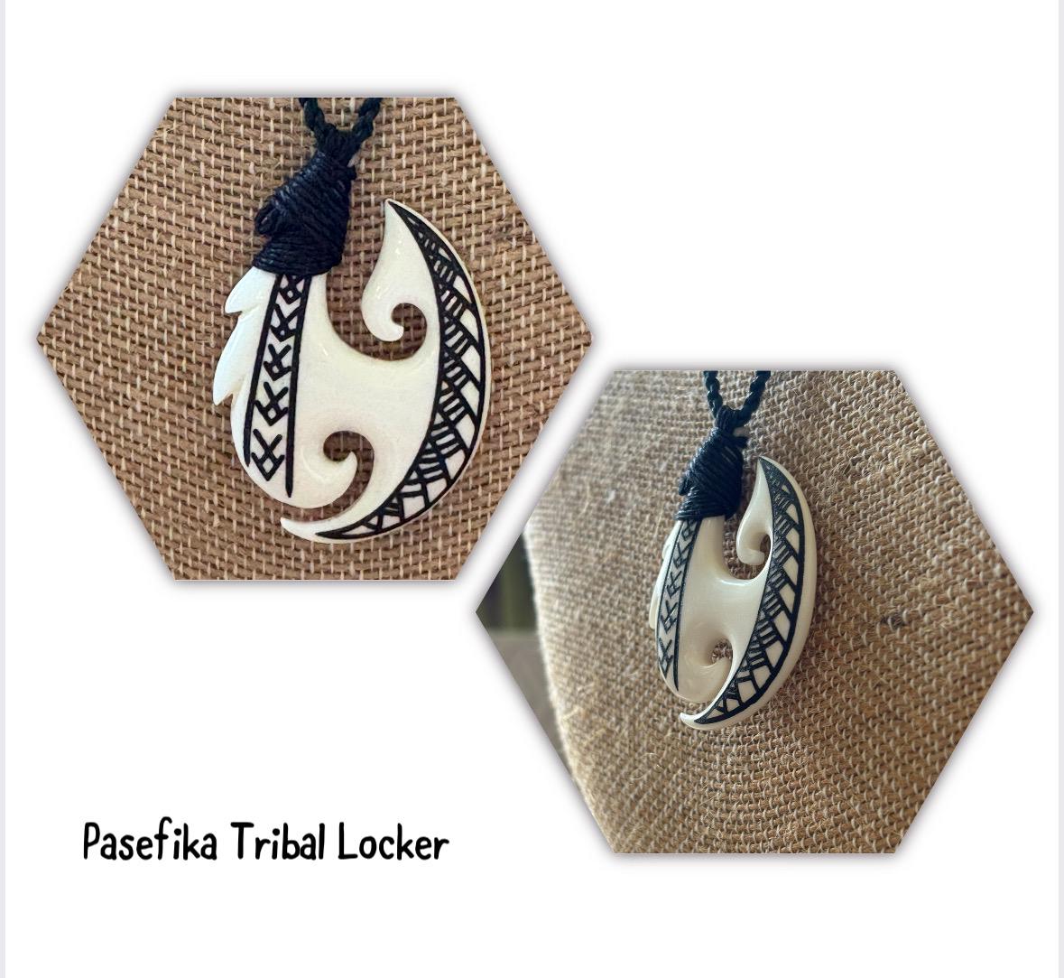 Hand Carved Bone Fish Hook Necklace: Micronesian Polynesian Makau Lei