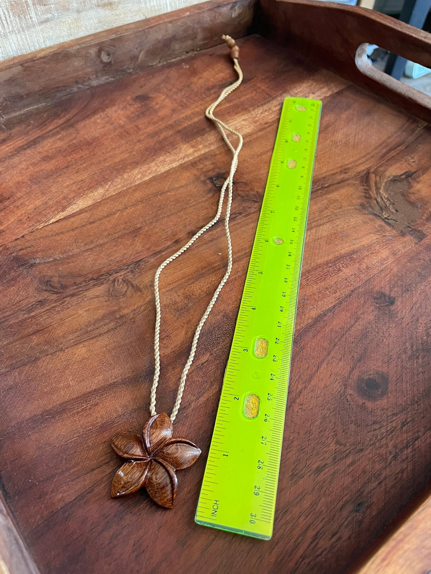 Hand Carved Koa Wood Plumeria Pendant – Adjustable Hemp Necklace