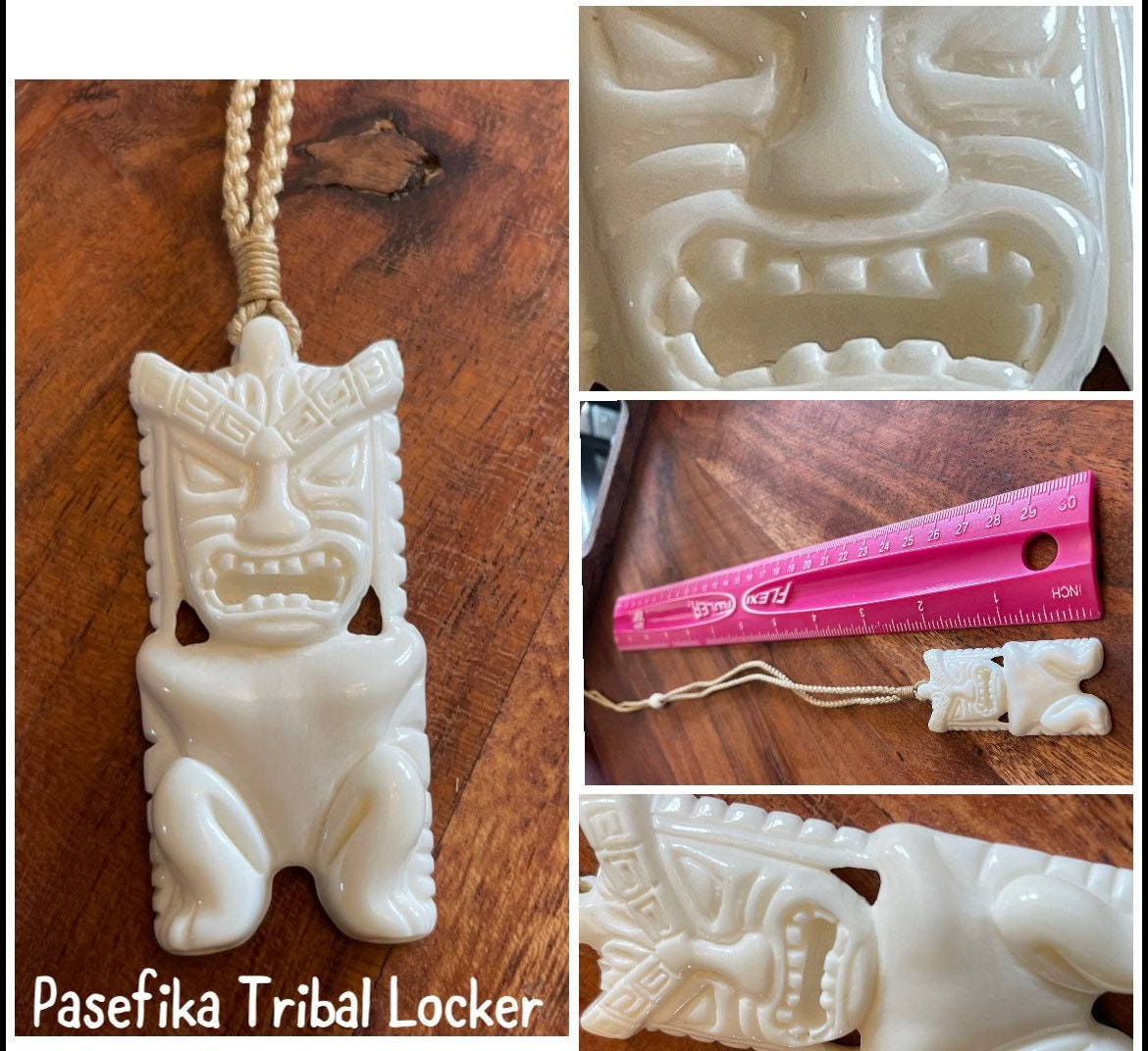 Finely Detailed Polynesian Hand Carved Solid Bone Tiki Adjustable Necklace