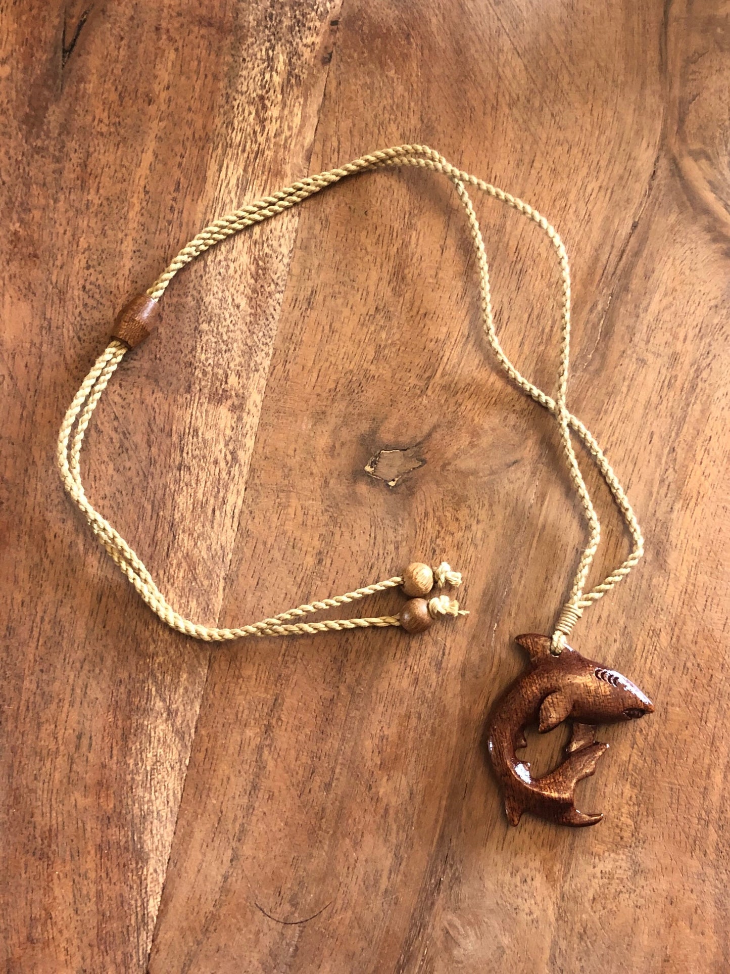 Oceanic Wildlife Art- Solid Koa Wood Handcarved Shark Adjustable Necklace