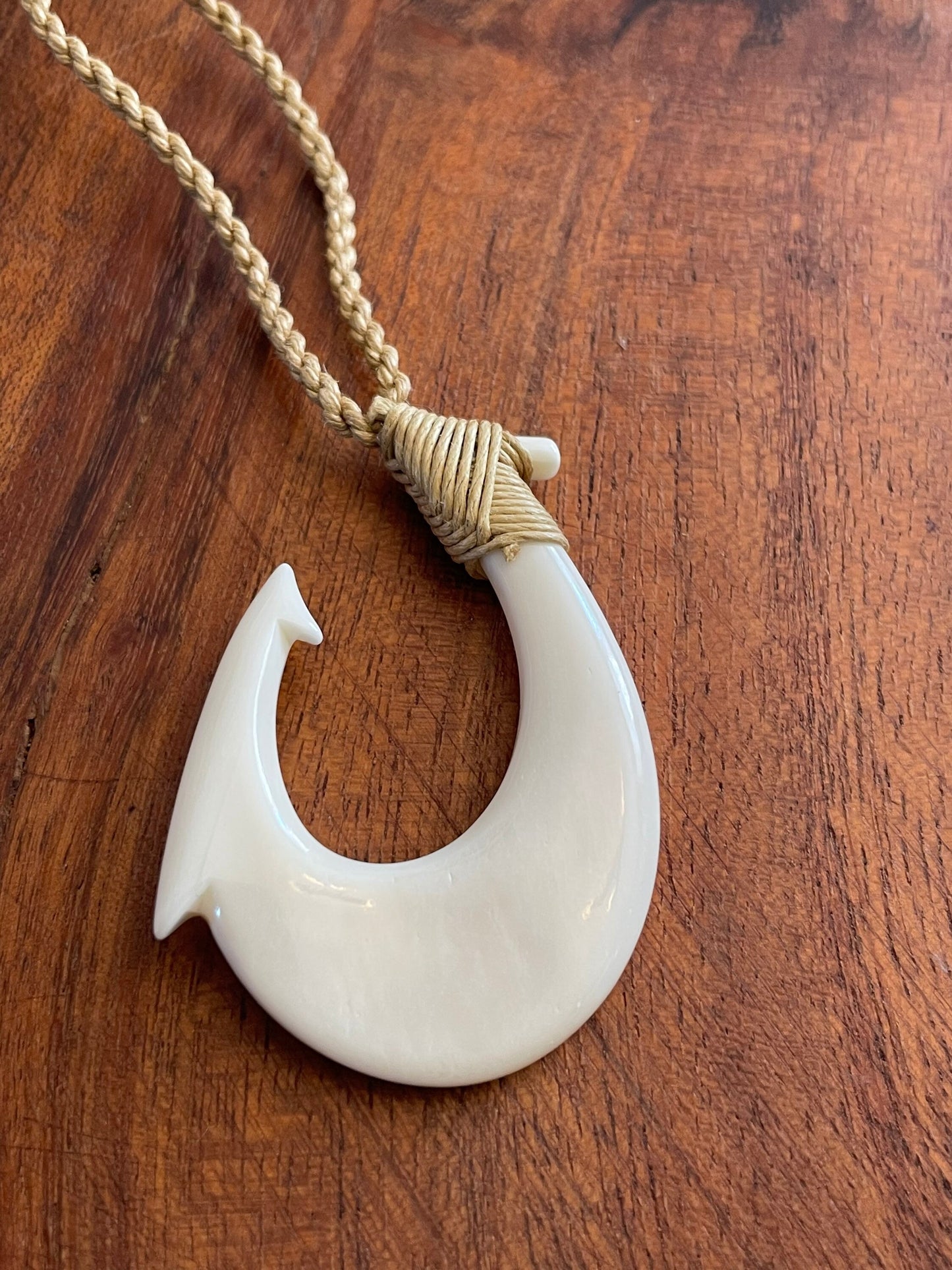 Hand Carved Buffalo Bone Fish Hook Necklace, Hei Makau Koru