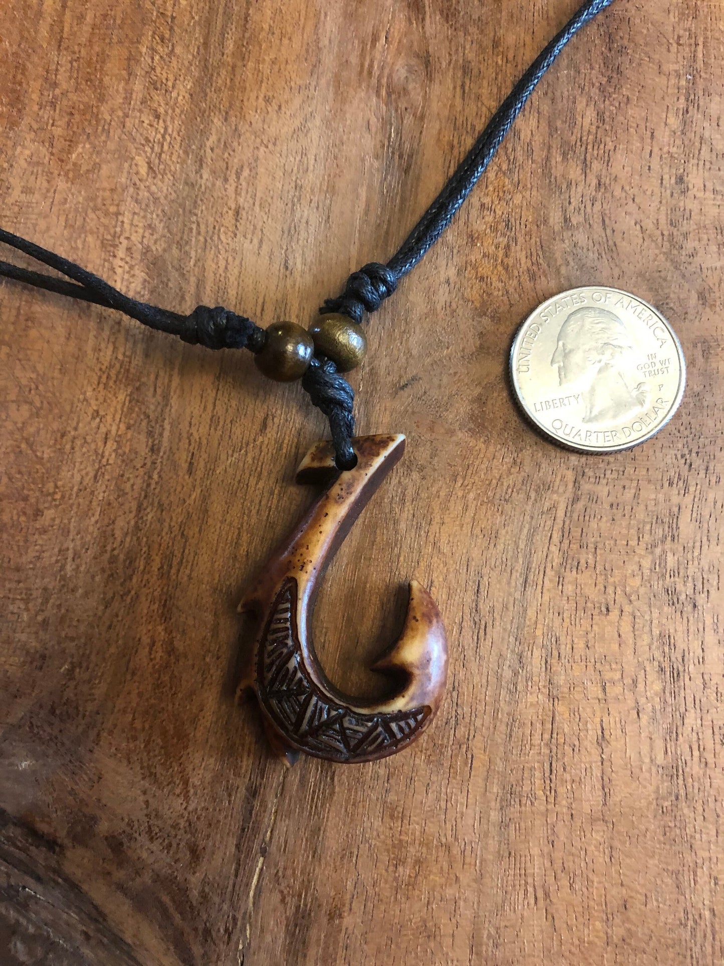 Polynesian Handcrafted Makau or Fish Hook Buffalo Bone & Resin Adjustable Necklace Beachy Boho Surfer