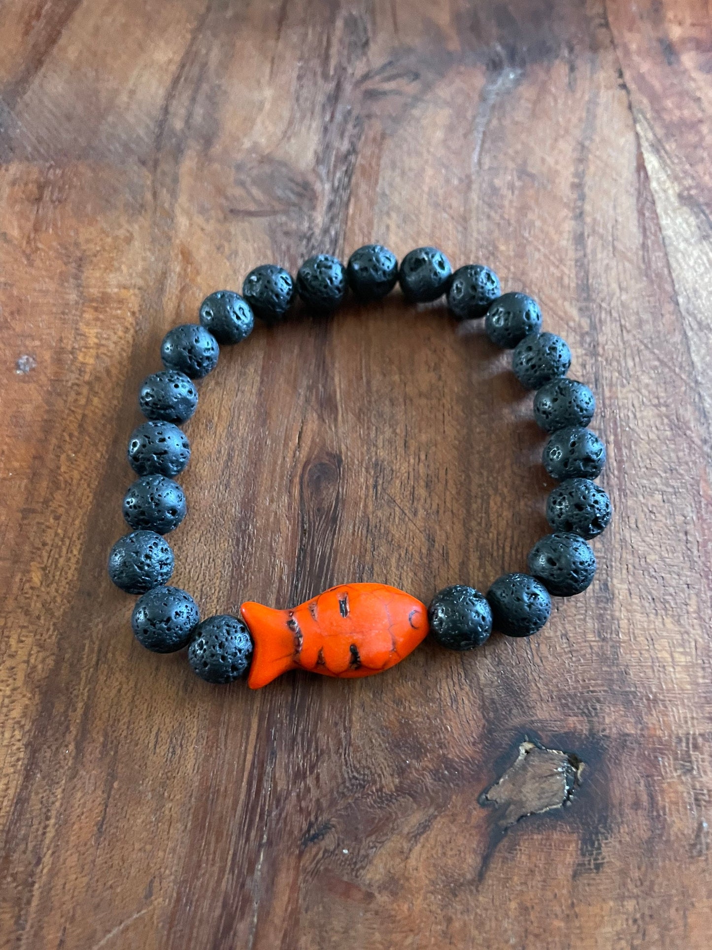 Authentic Lava Bead Elastic Bracelet with Clay Fish Bead