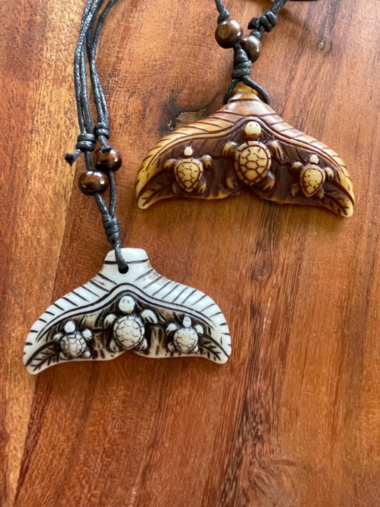 Bone Resin Whale Tail Necklace with Turtles, Adjustable Polynesian Surfer Style