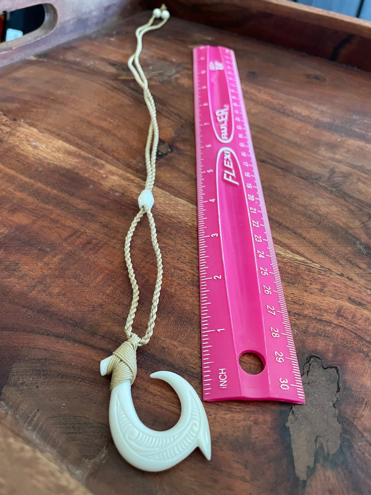 Polished Polynesian Solid Buffalo Bone Hei-Makau Fish Hook Adjustable Necklace