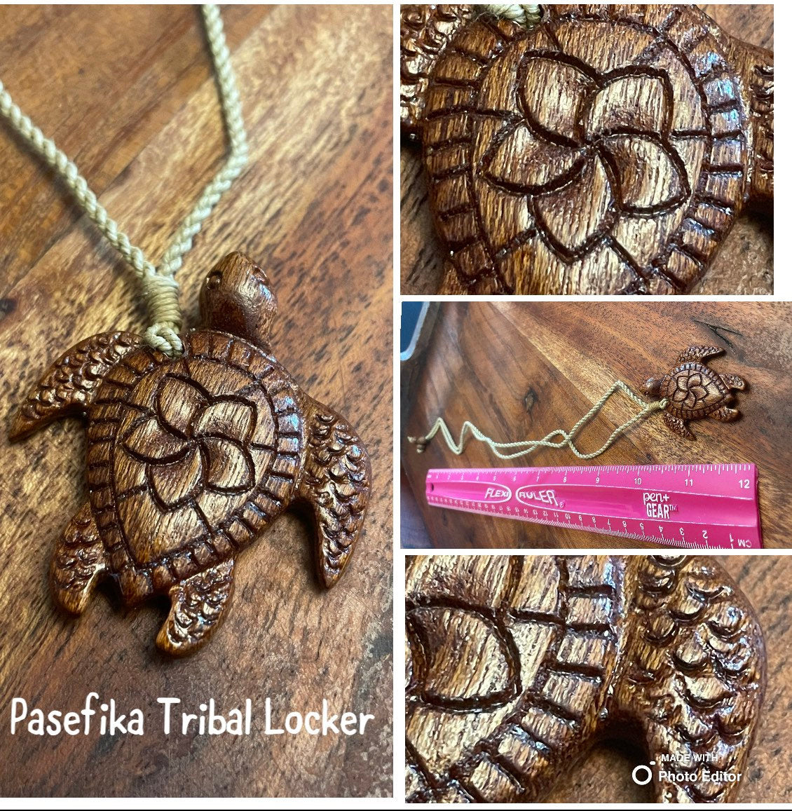 Hand Carved Koa Wood Sea Turtle Necklace - Plumeria Honu Pendant
