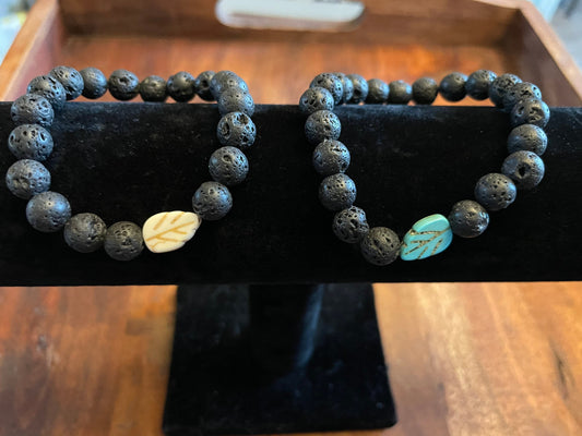 Authentic Lava Bead Elastic Bracelet with Sweet Clay Bead Leaf/Feather Accent