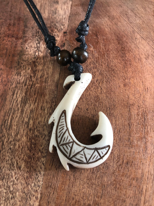 Polynesian Makau Fish Hook Necklace - Buffalo Bone & Resin