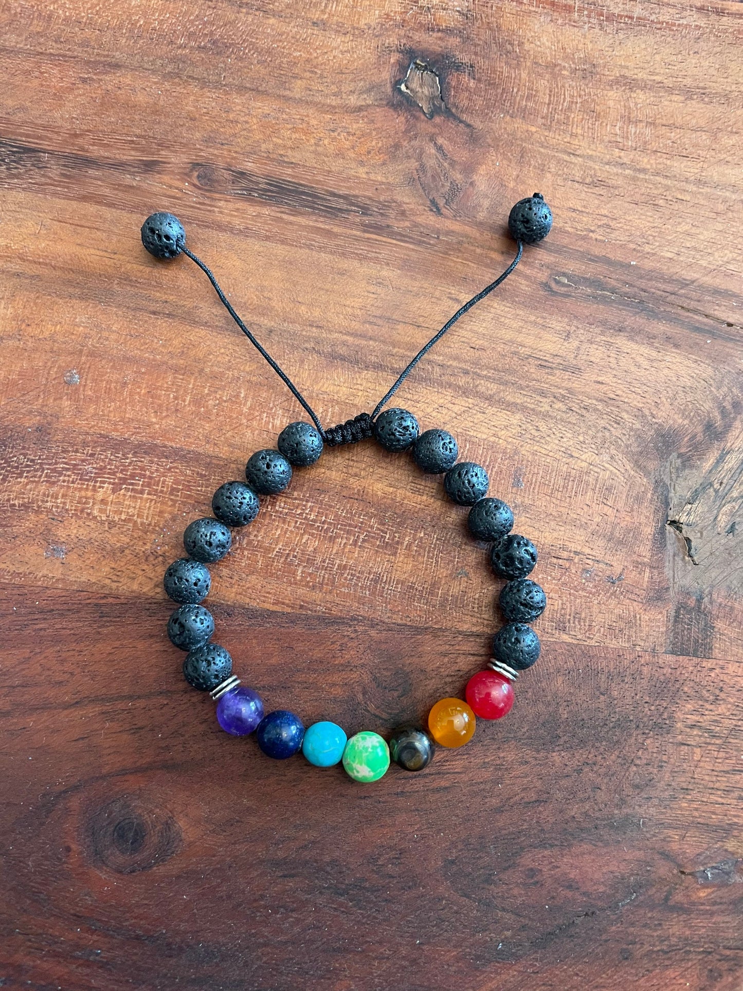 Adjustable REAL Porous Chakra Lava Bead Bracelet with Traditional Square Knot Design