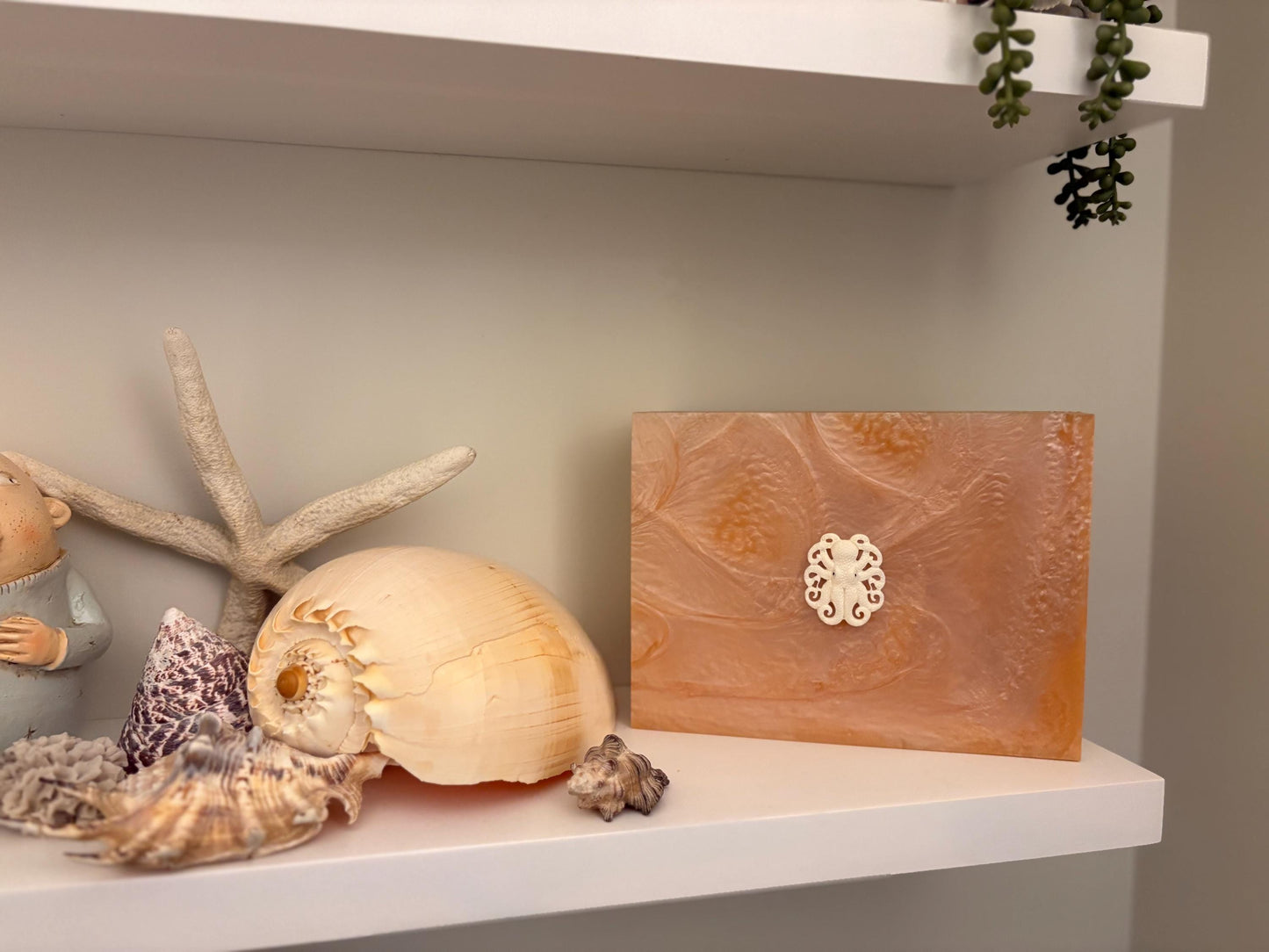 Hand-Crafted Polynesian & Micronesian Wooden and Faux Shell Inlay Box with Bone Octopus Decor