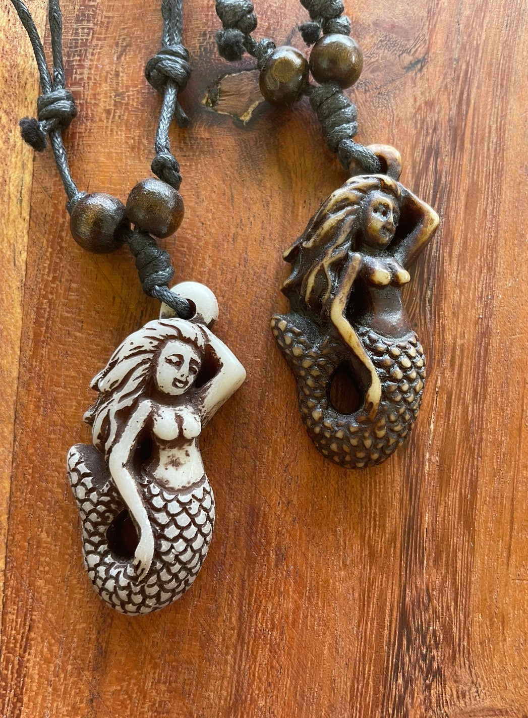 Bone & Resin Mermaid Pendant Necklace - Adjustable Surfer Cord