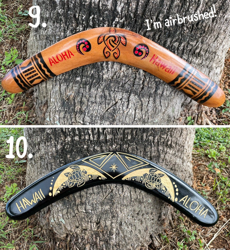 Aboriginal Polynesian Solid Wood Boomerangs with Hand Carved Hawaiian Maps, Symbols and Aloha!