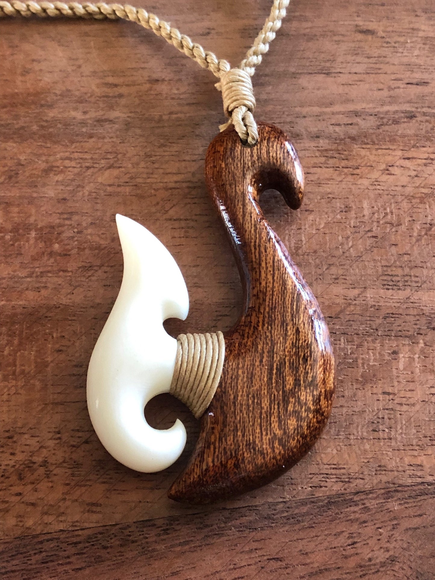 Hand Carved Bone & Koa Wood Fish Hook Necklace - Adjustable Hei Makau