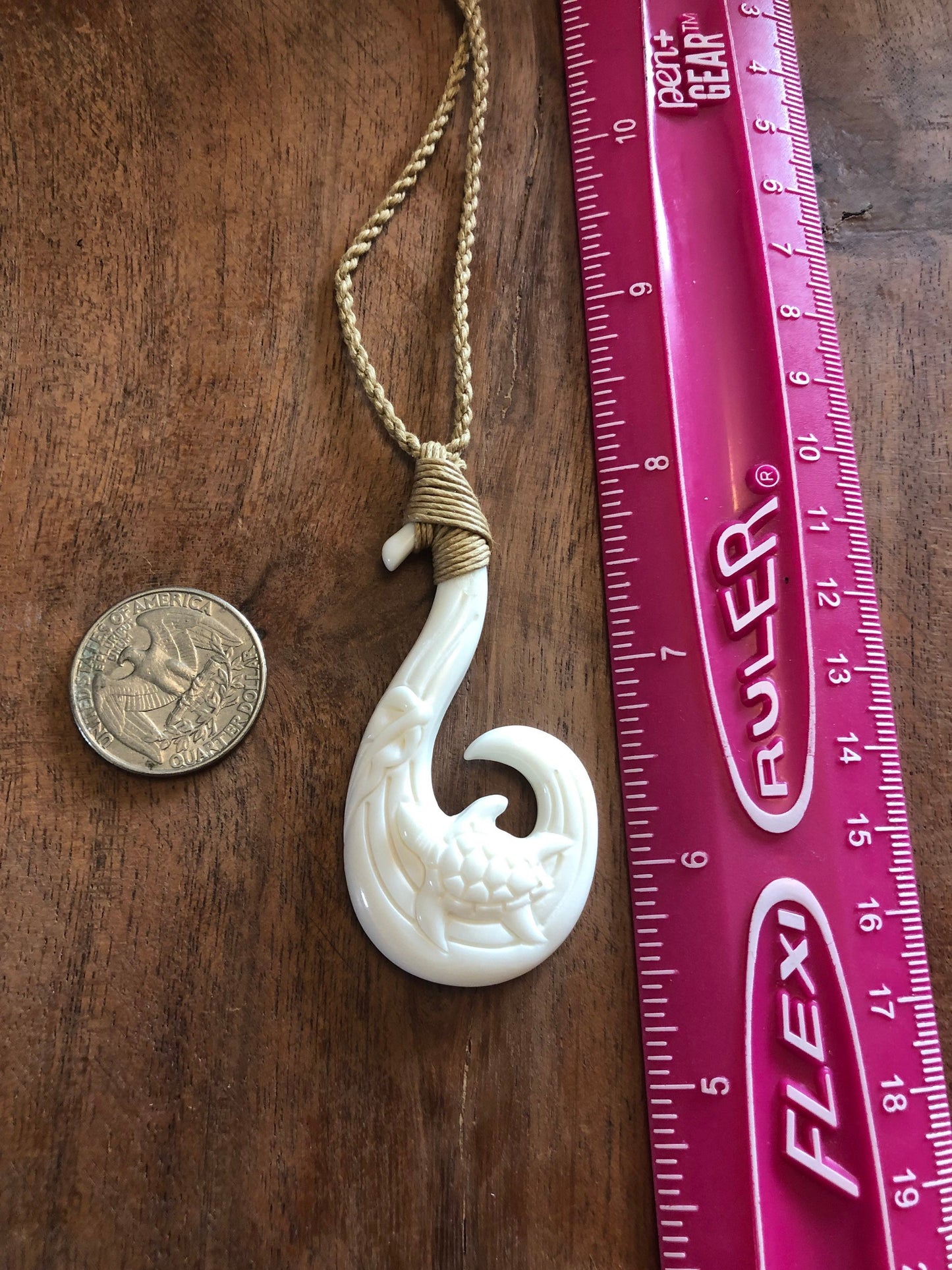 Hand Carved Buffalo Bone Fish Hook Necklace - Honu Sea Turtle Makau