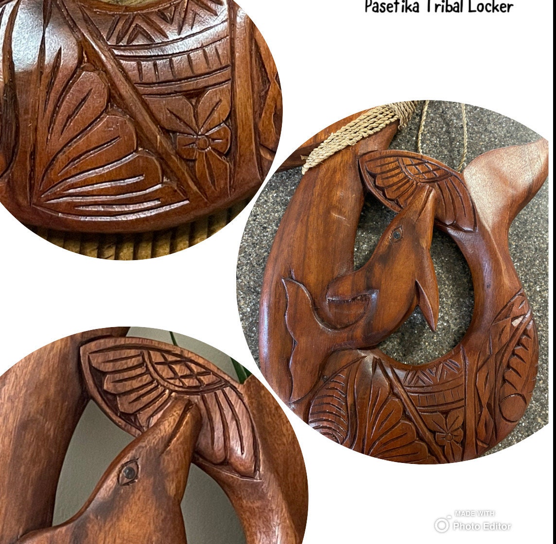 Hand-Carved Sea Hibiscus Wood Makau – Dolphin Tribal Design