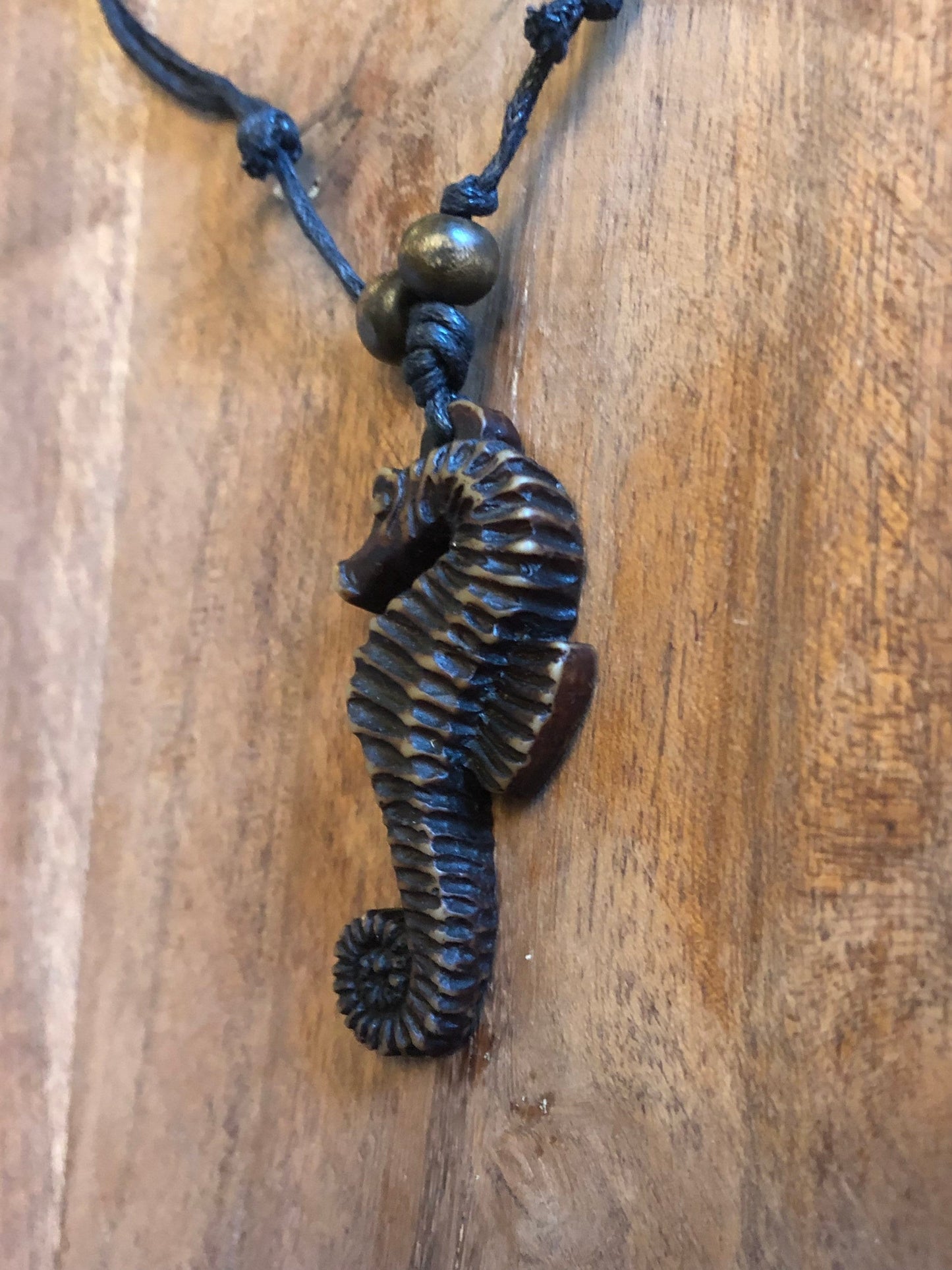 Detailed Handcrafted Bone & Resin Seahorse Pendant Adjustable Necklace