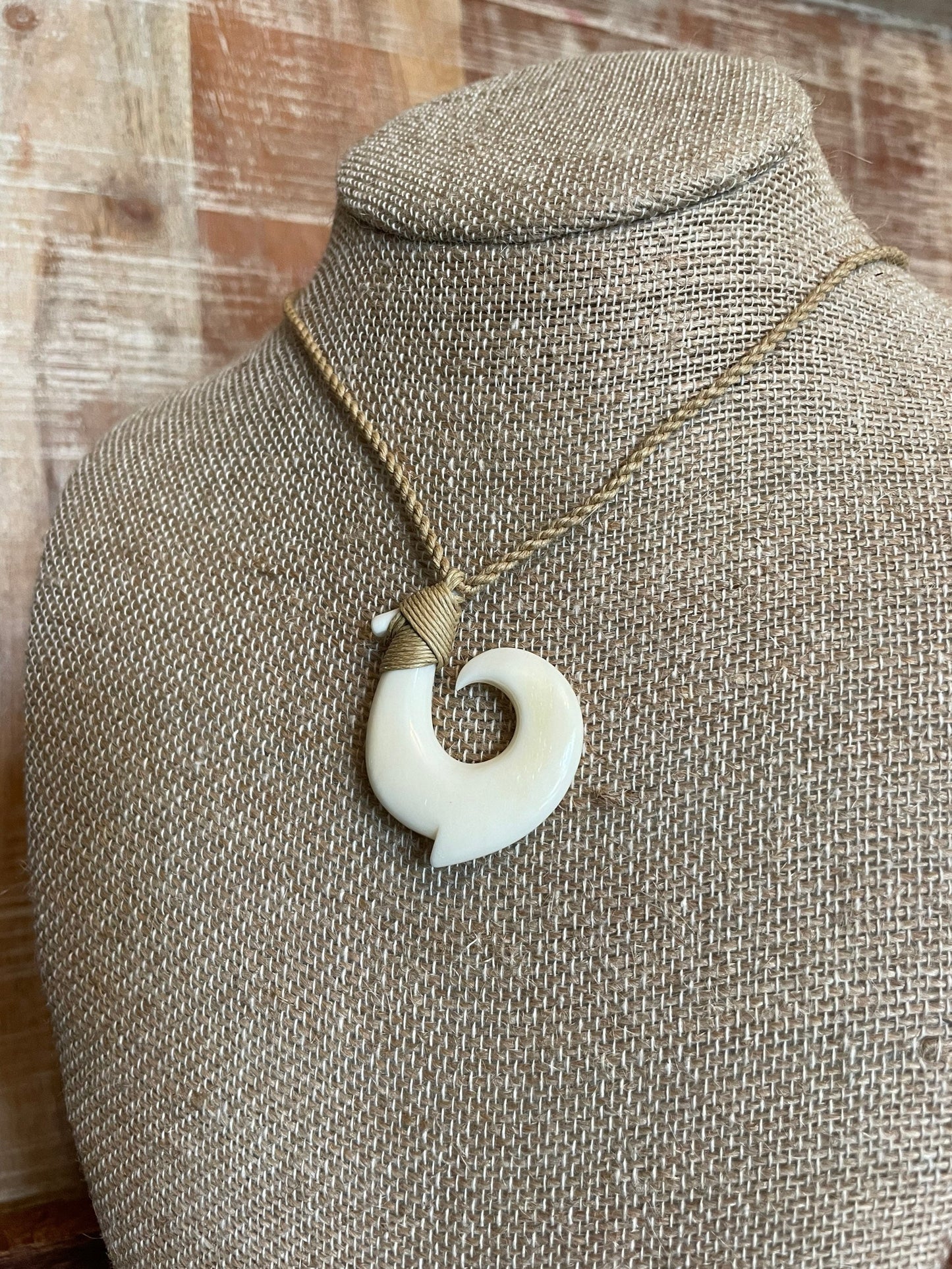 Hand Carved Bone Makau Necklace - Adjustable Polynesian Fish Hook