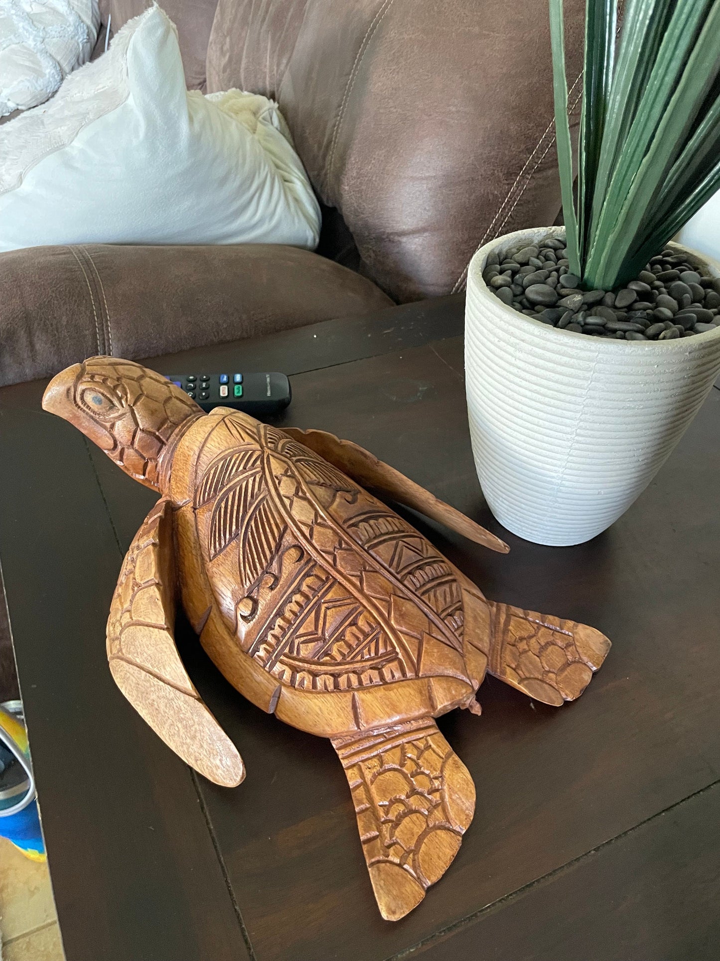 Hand Carved Wood Sea Turtle Decor, Tribal Palm Tree Design